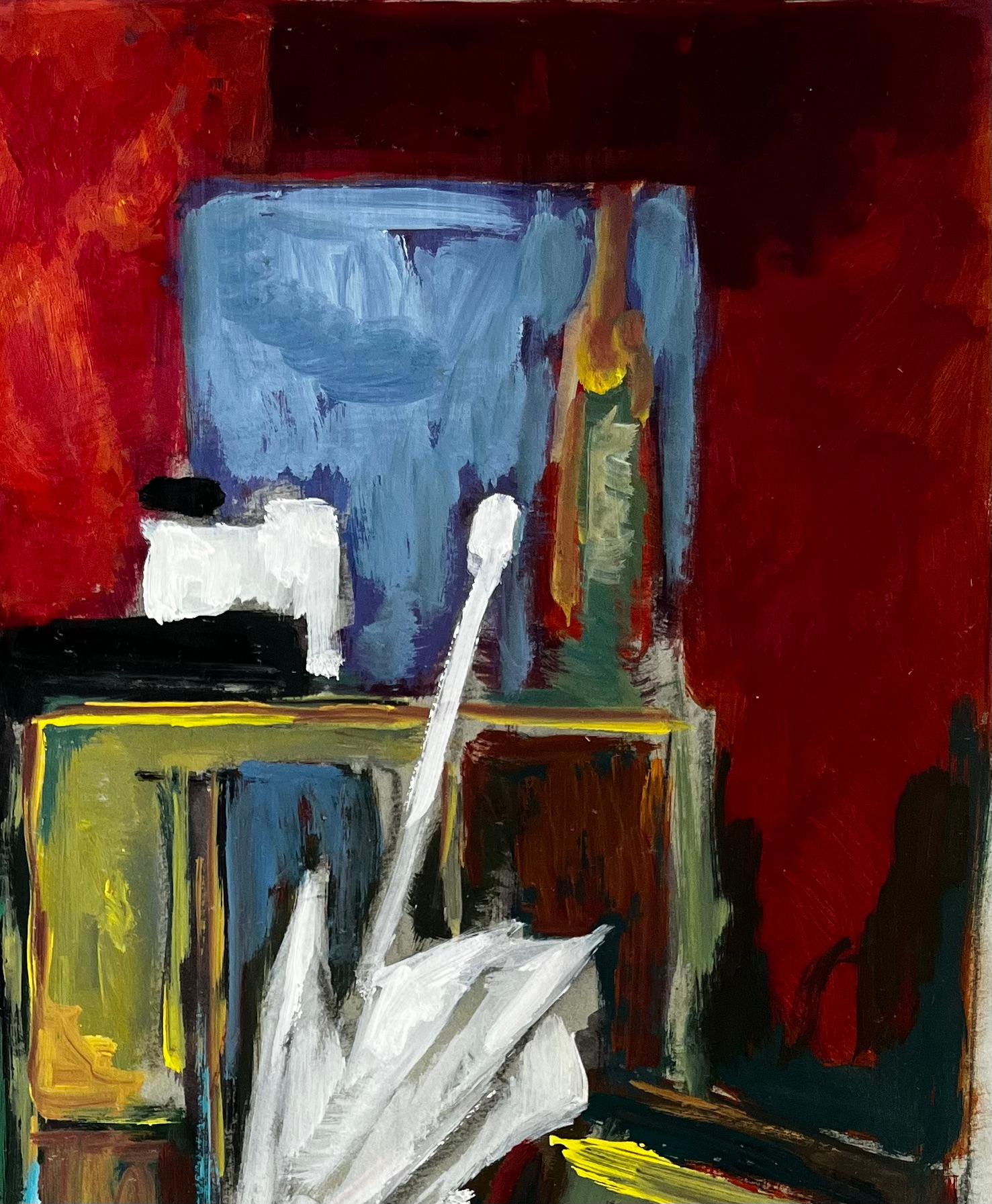 Französisch Öl Modernist Stillleben Interieur mit Draperie und Bilderrahmen (Schwarz), Abstract Painting, von Guy Nicod