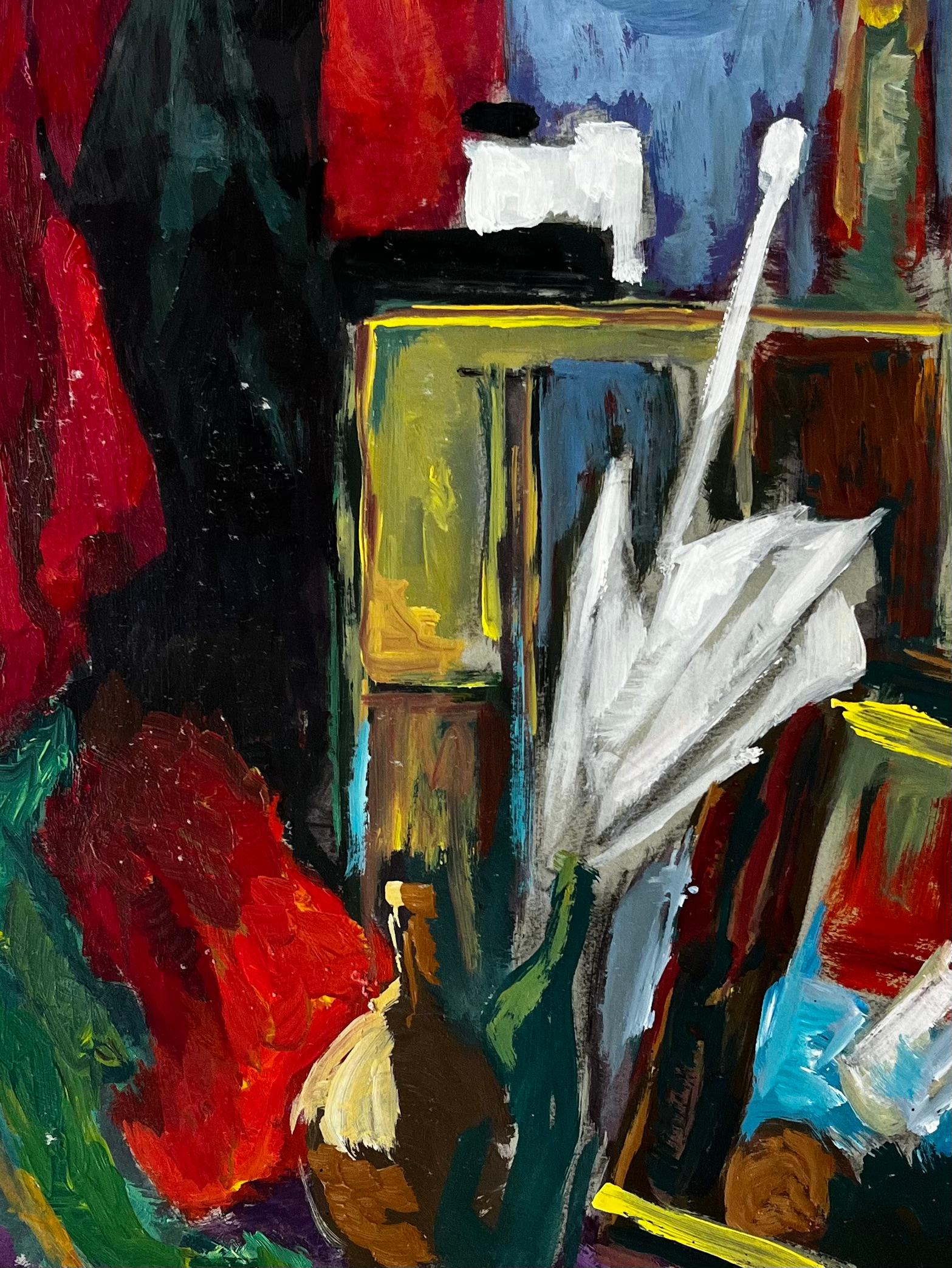 Französisch Öl Modernist Stillleben Interieur mit Draperie und Bilderrahmen im Angebot 2