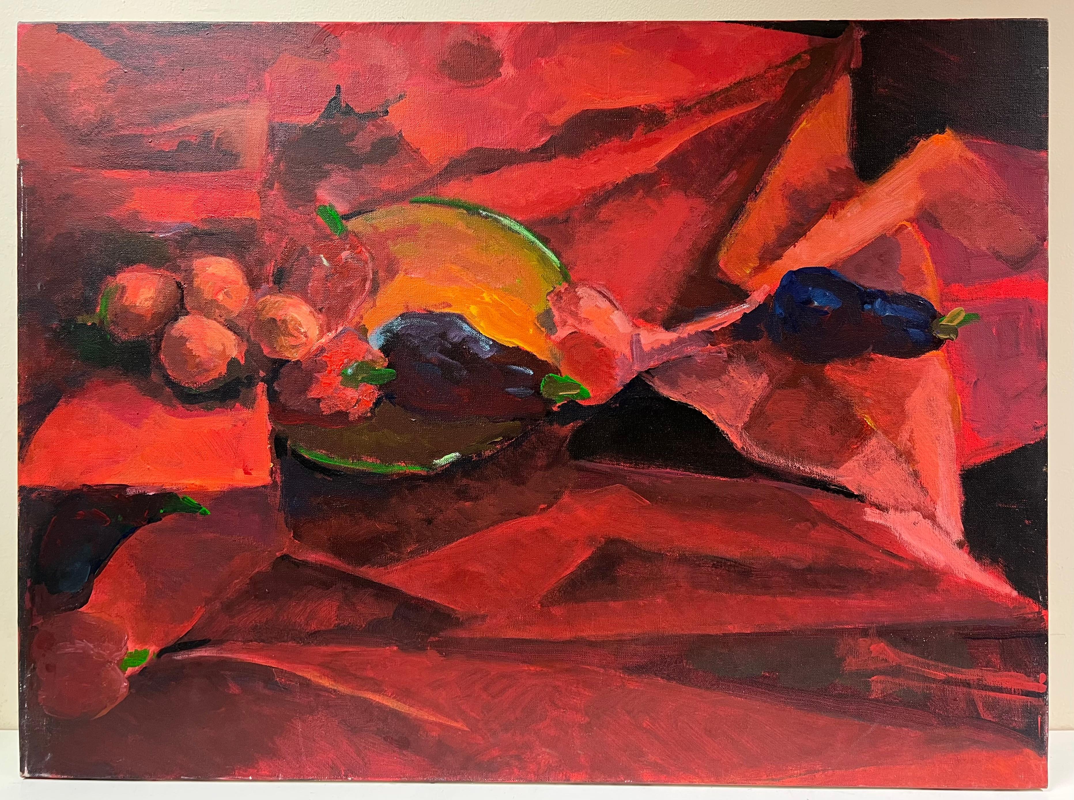 Fruit & Aubergines in Blush-Pink Still Life French 20th Century Oil Painting - Red Interior Painting by Guy Nicod