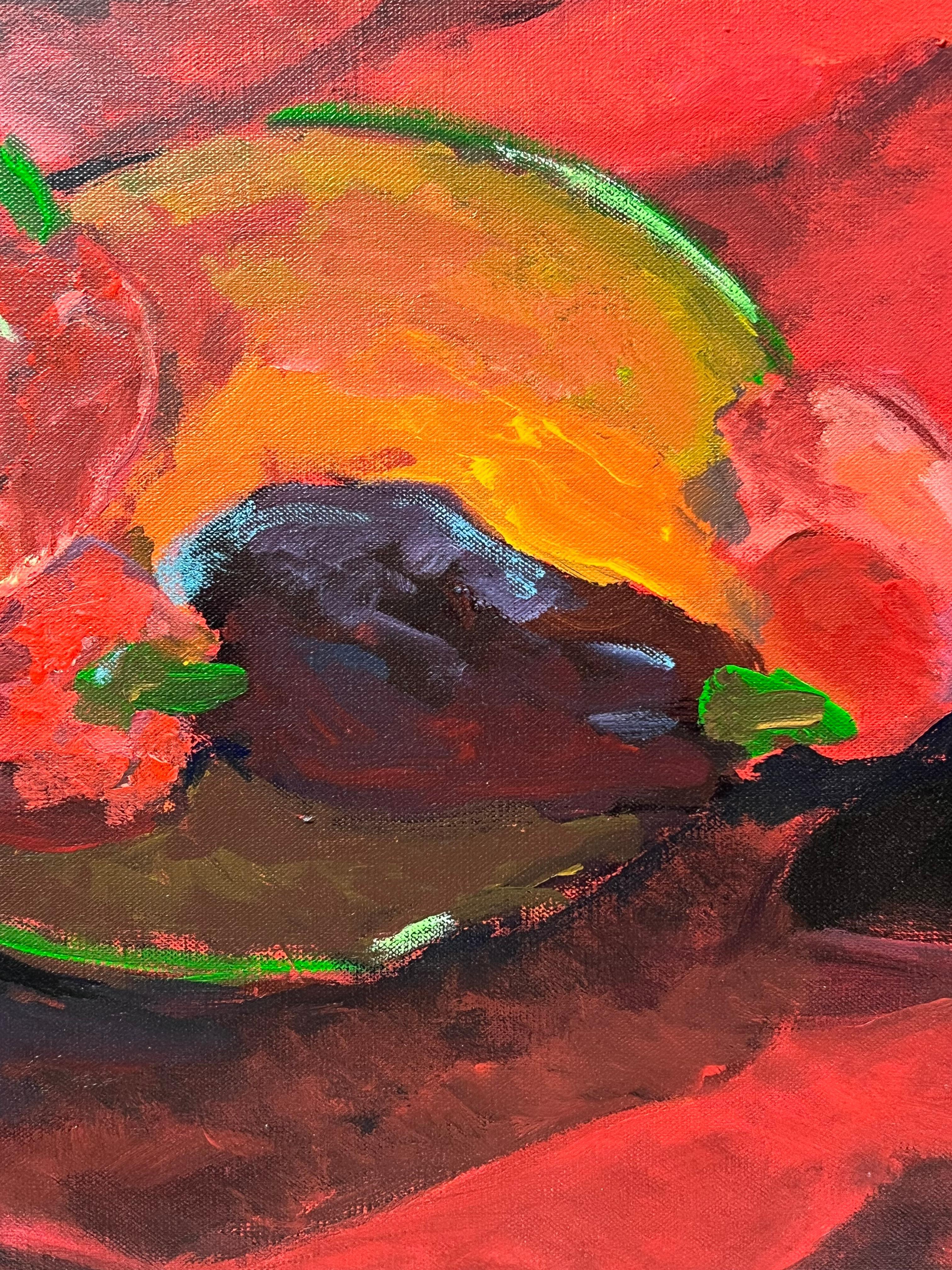 Pink Fruit Still Life
Guy Nicod (French 1923 - 2021)
oil on canvas, unframed
stamped verso
painting: 24 x 32 inches
provenance: artists estate, France
condition: very good and sound condition

Description:
This captivating still life presents a