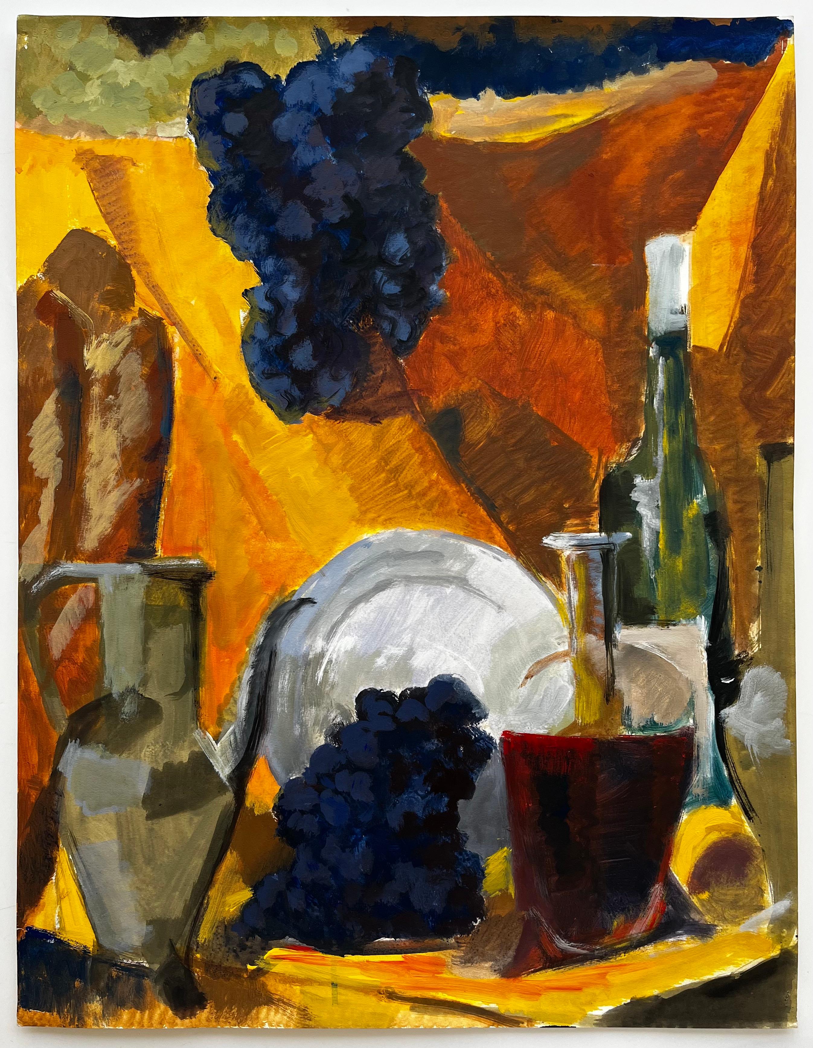Weintrauben Weinflaschen Krug und Teller Goldene Draperie Französisch Modernist Stillleben – Painting von Guy Nicod