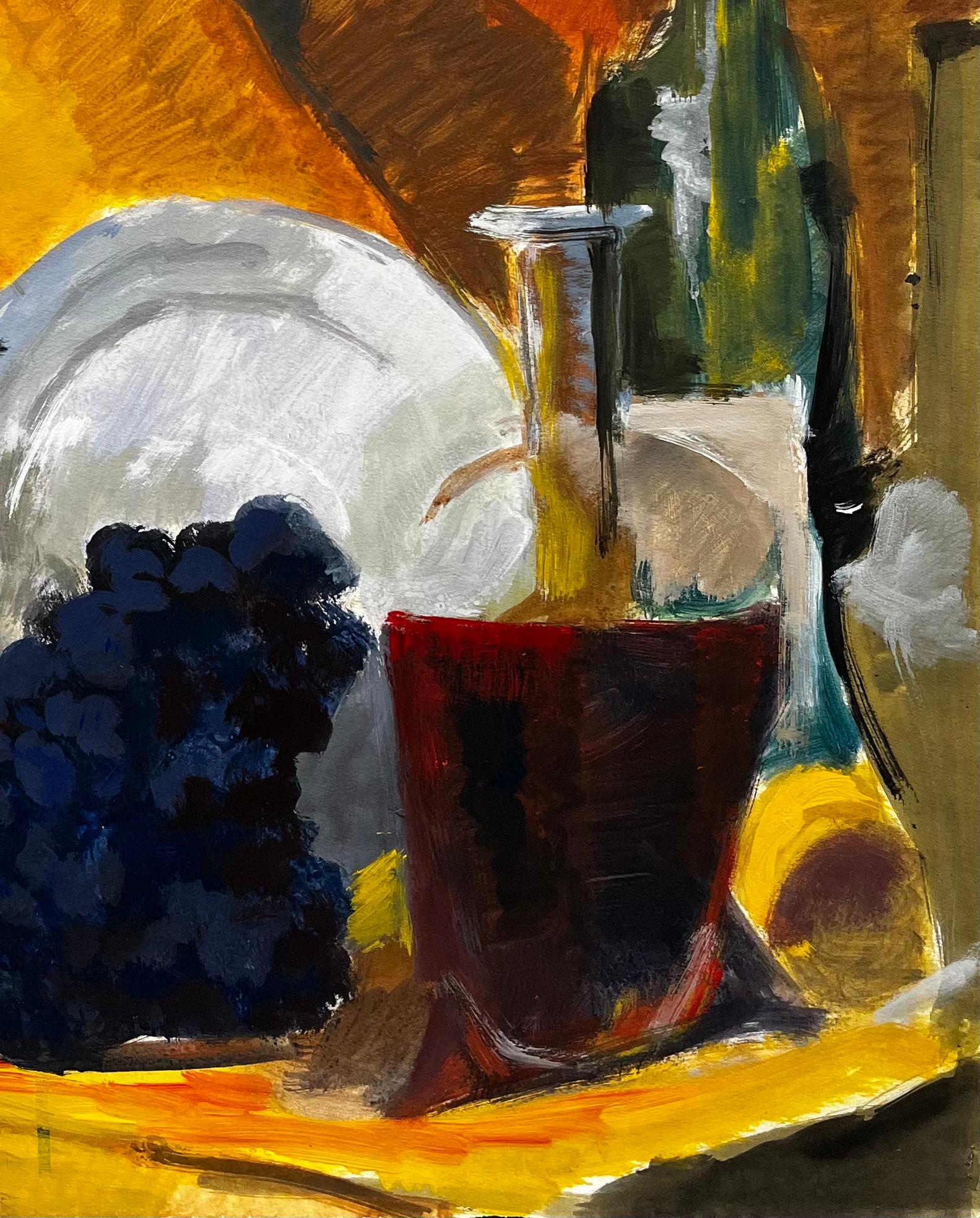 Weintrauben Weinflaschen Krug und Teller Goldene Draperie Französisch Modernist Stillleben (Moderne), Painting, von Guy Nicod