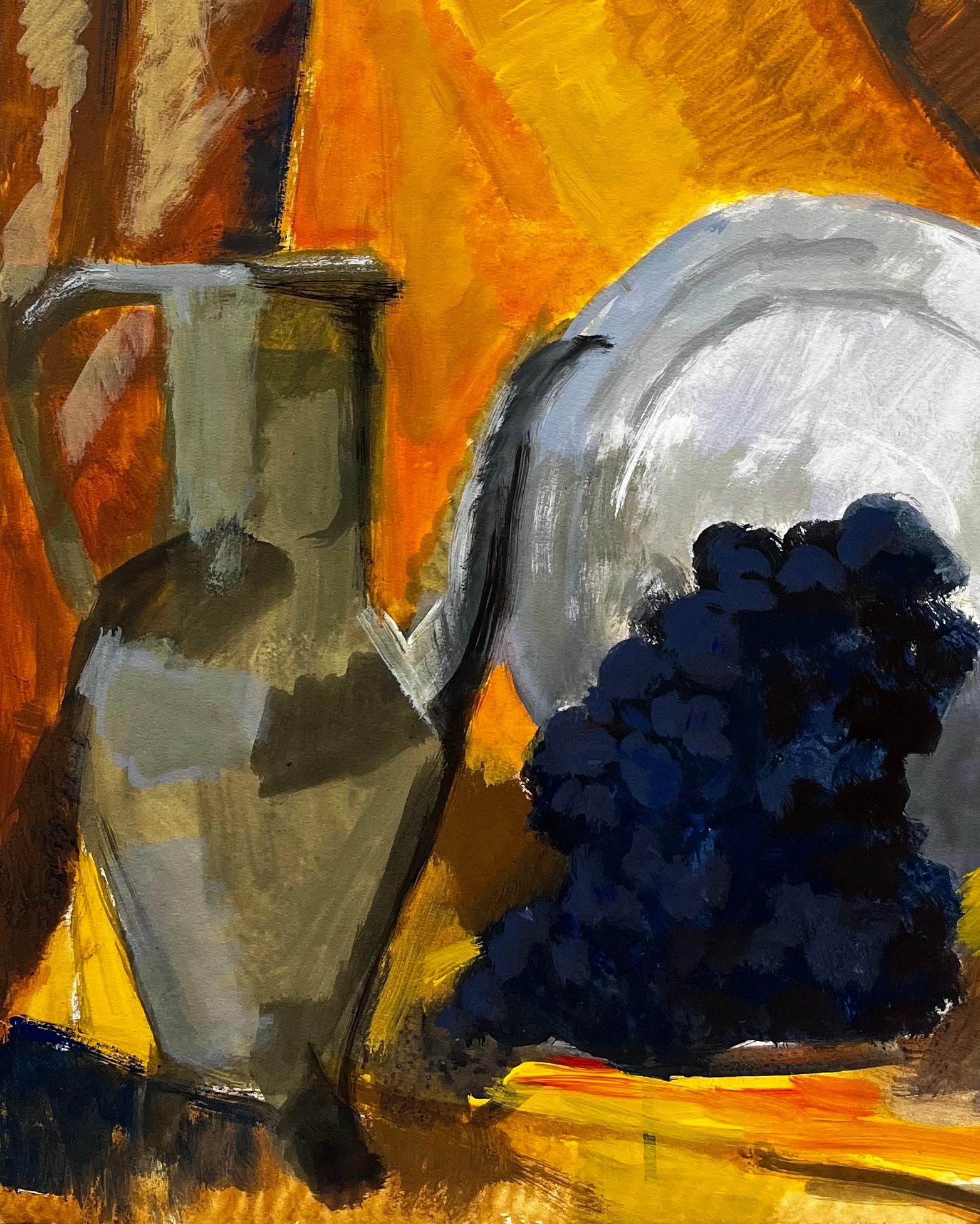 Weintrauben Weinflaschen Krug und Teller Goldene Draperie Französisch Modernist Stillleben (Braun), Abstract Painting, von Guy Nicod