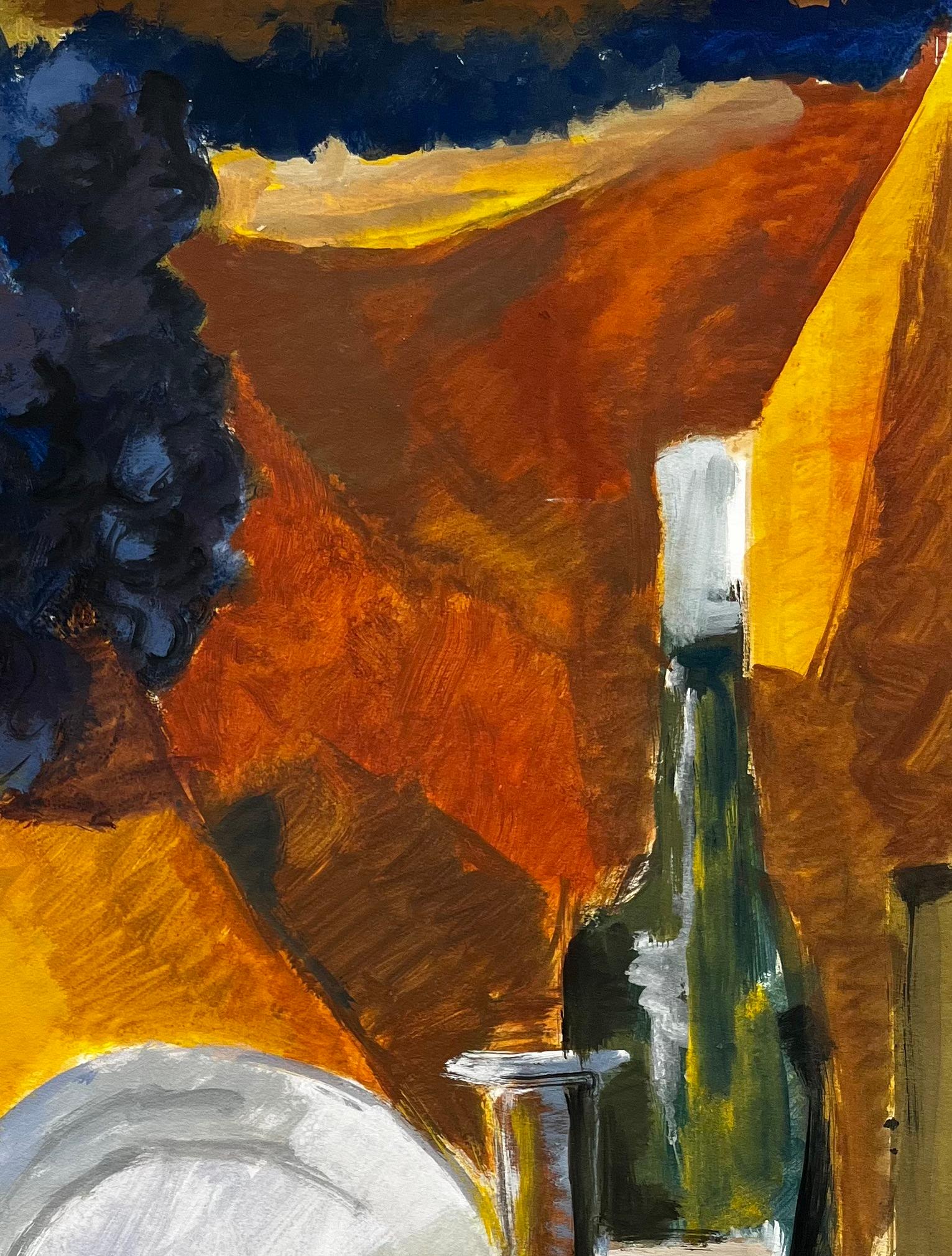 Titel: Weintrauben Weinflaschen Krug und Teller Goldene Draperie Französische Moderne Stillleben
Guy Nicod (Französisch 1923 - 2021) 
Gouache auf Künstlerpapier, ungerahmt
Größe: 25,75 x 19,75 Zoll (Höhe x Breite)
Provenienz: Künstlernachlass,