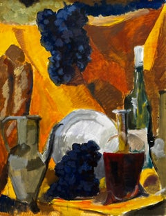 Grapes Wine Bottles Jug and Plate Golden Drapery French Modernist Still Life