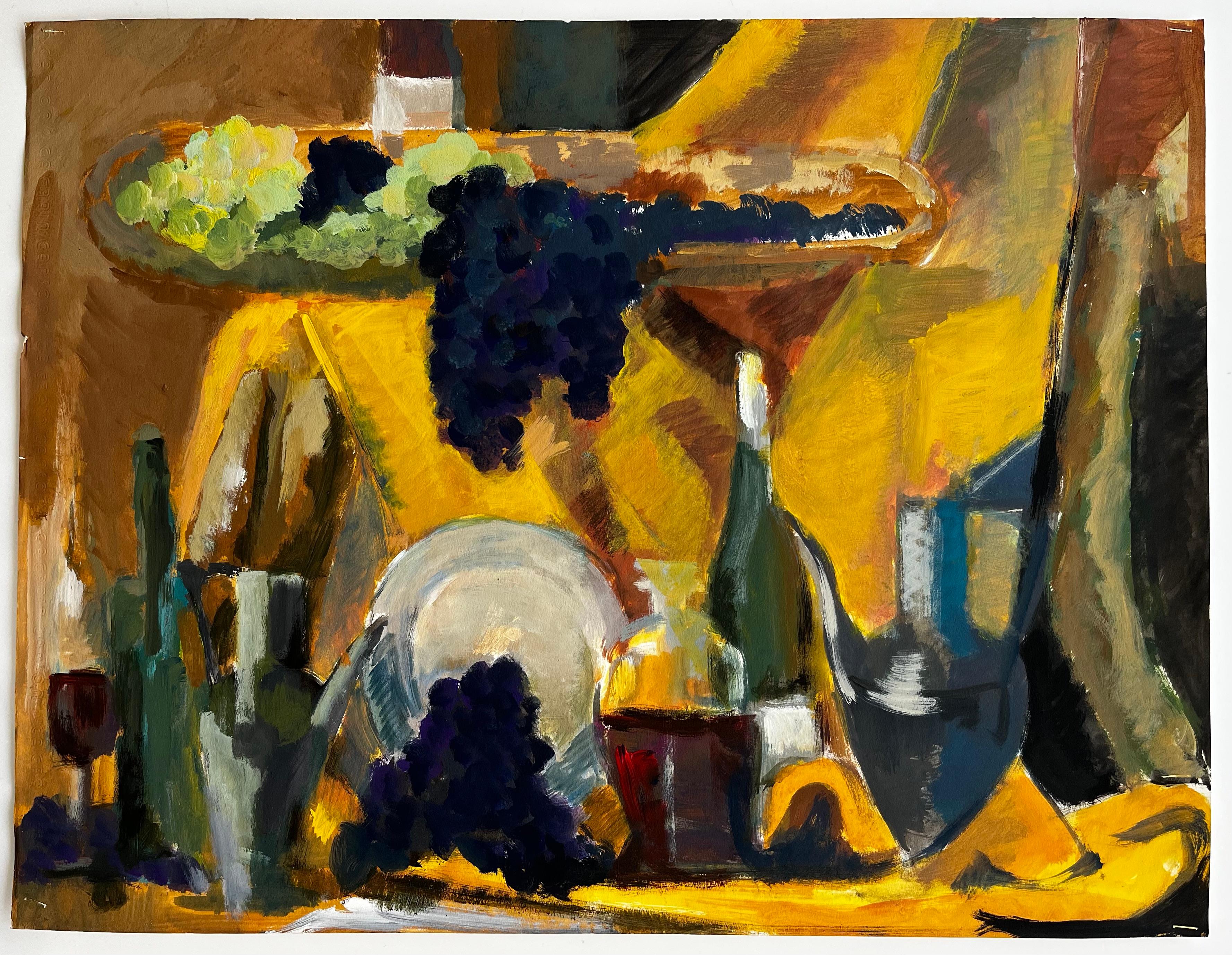 Grapes Wine Bottles Long Serving Platter and Jug Golden Drapery Modernist Piece - Painting de Guy Nicod