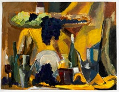 Grapes Wine Bottles Long Serving Platter and Jug Golden Drapery Modernist Piece