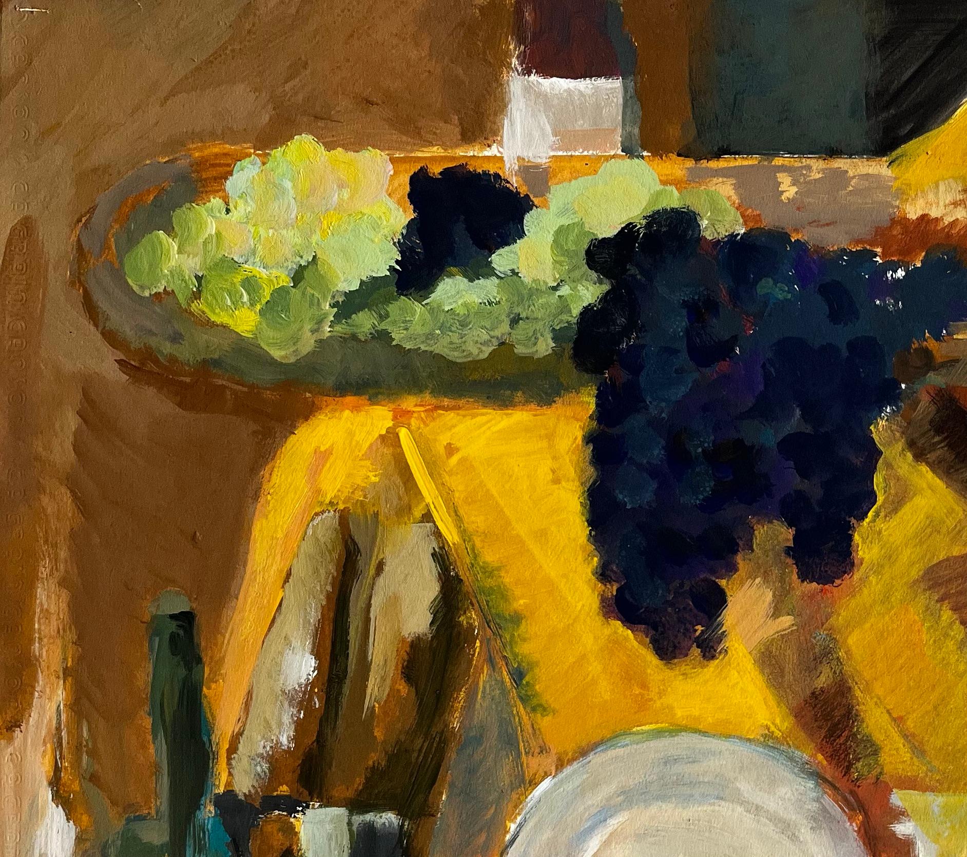 Grapes Wine Bottles Long Serving Platter and Jug Golden Drapery Modernist Piece - Moderne Painting par Guy Nicod