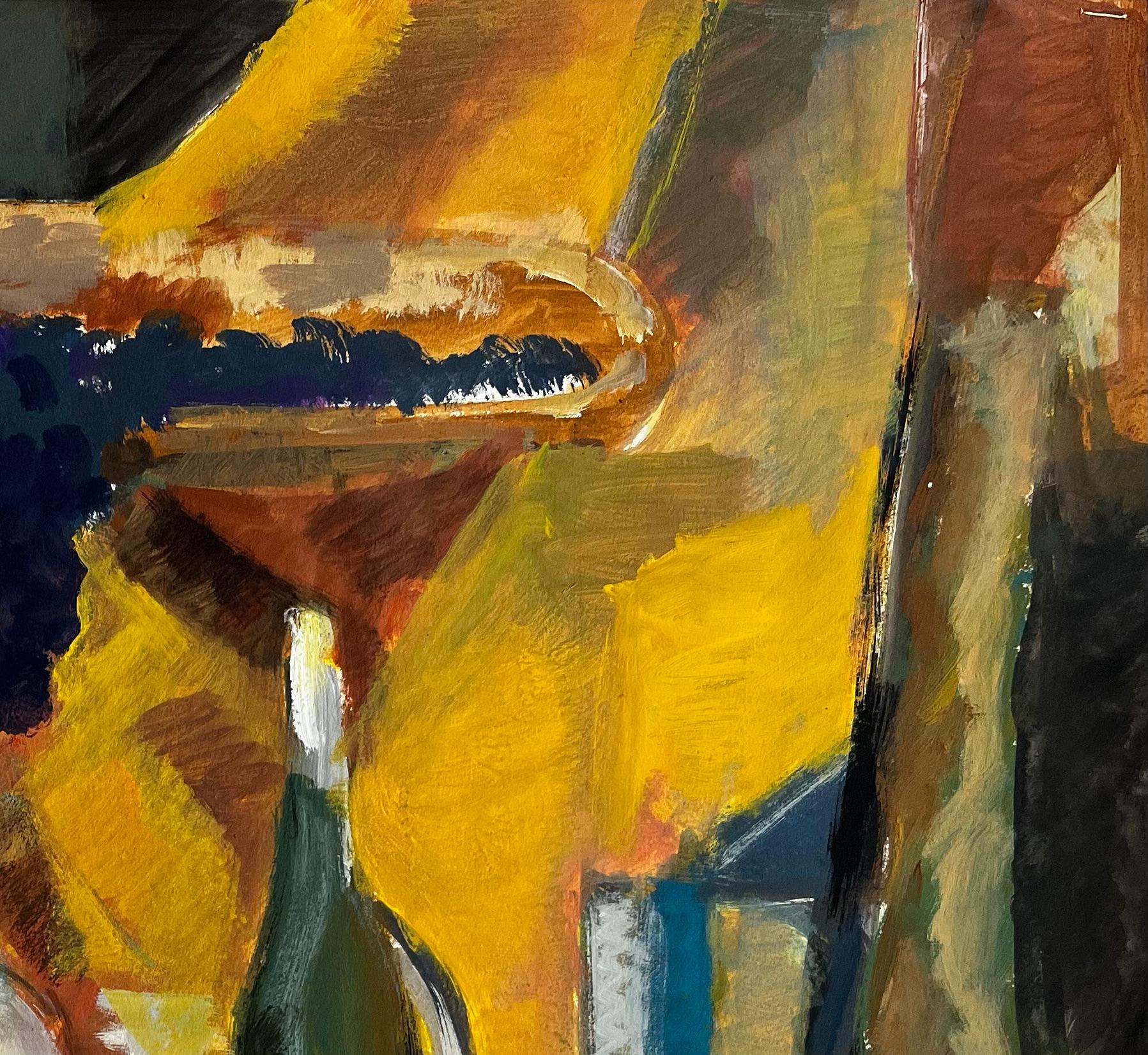 Grapes Wine Bottles Long Serving Platter and Jug Golden Drapery Modernist Piece - Marron Abstract Painting par Guy Nicod