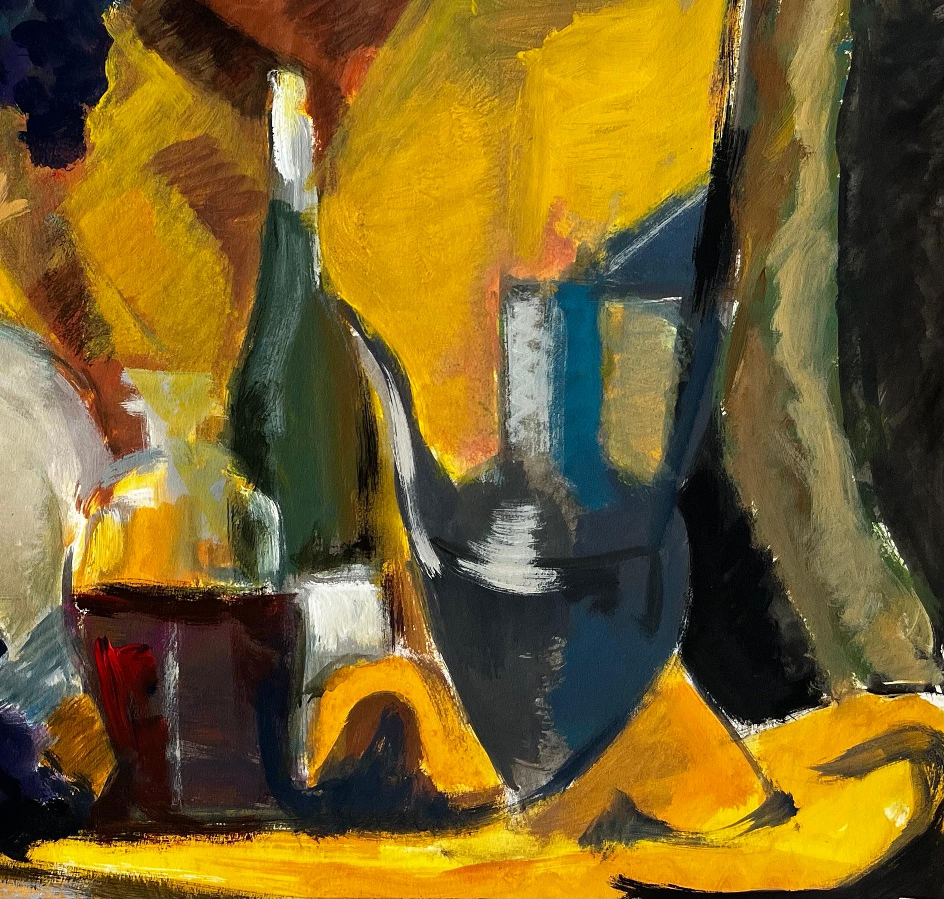 Titre : Raisins Bouteilles de vin Long plat de service et pichet Draperie dorée Pièce moderniste
Guy Nicod (français 1923 - 2021) 
Gouache sur papier d'artiste, non encadrée
Taille : 19.75 x 25.75 pouces (hauteur x largeur)
Provenance : Succession