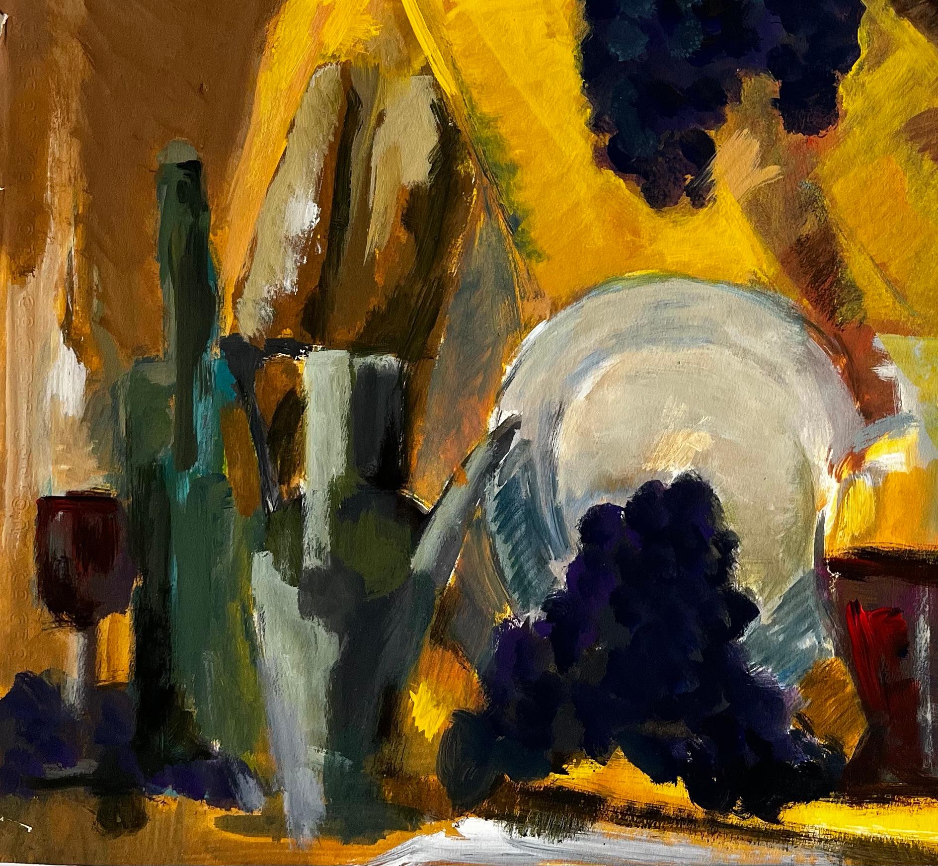 Grapes Wine Bottles Long Serving Platter and Jug Golden Drapery Modernist Piece en vente 1