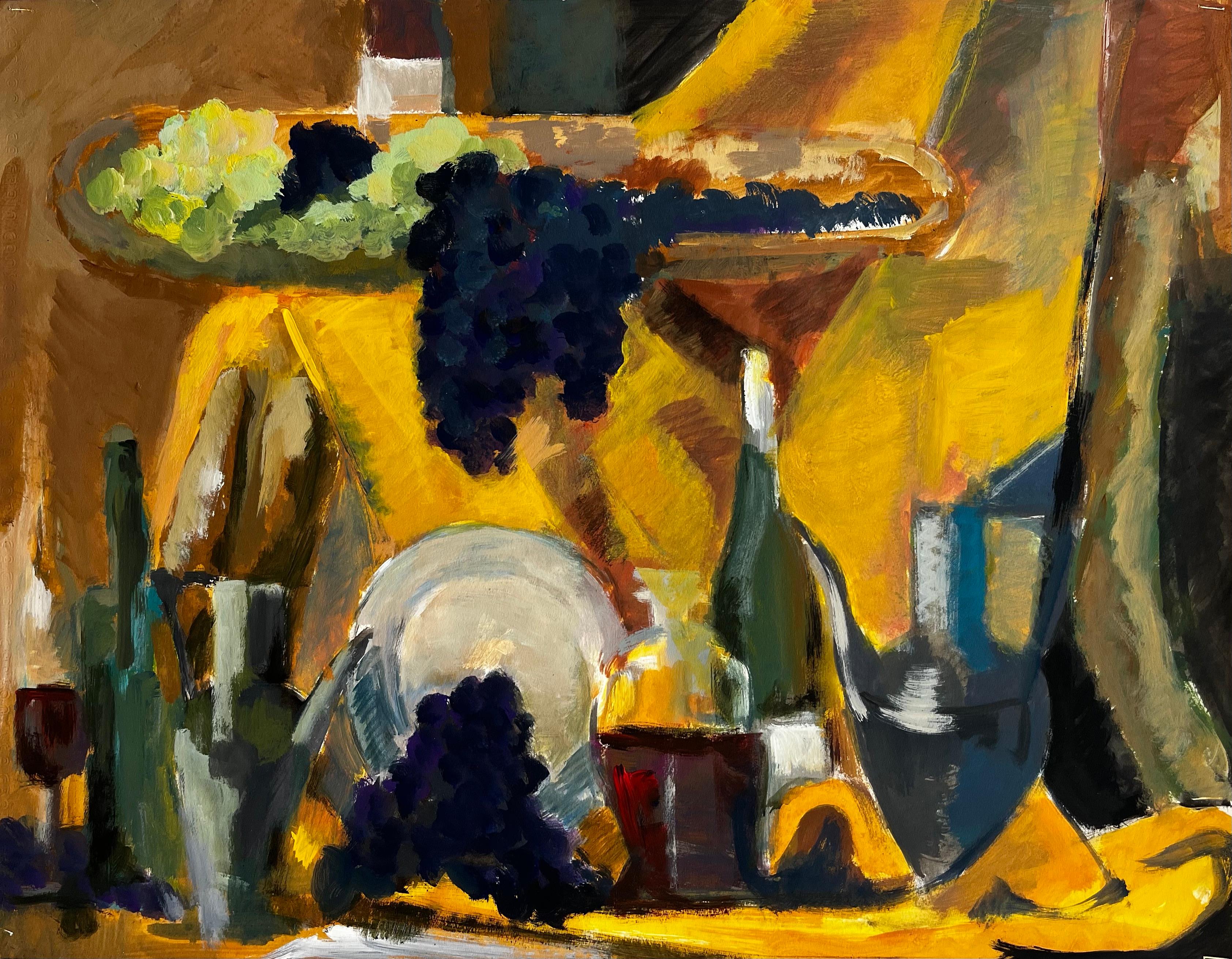 Grapes Wine Bottles Long Serving Platter and Jug Golden Drapery Modernist Piece