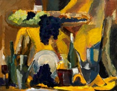 Grapes Wine Bottles Long Serving Platter and Jug Golden Drapery Modernist Piece