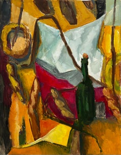 Green Bottle Abstract Draped Fabrics Bold Colour Modernist Still Life French Art