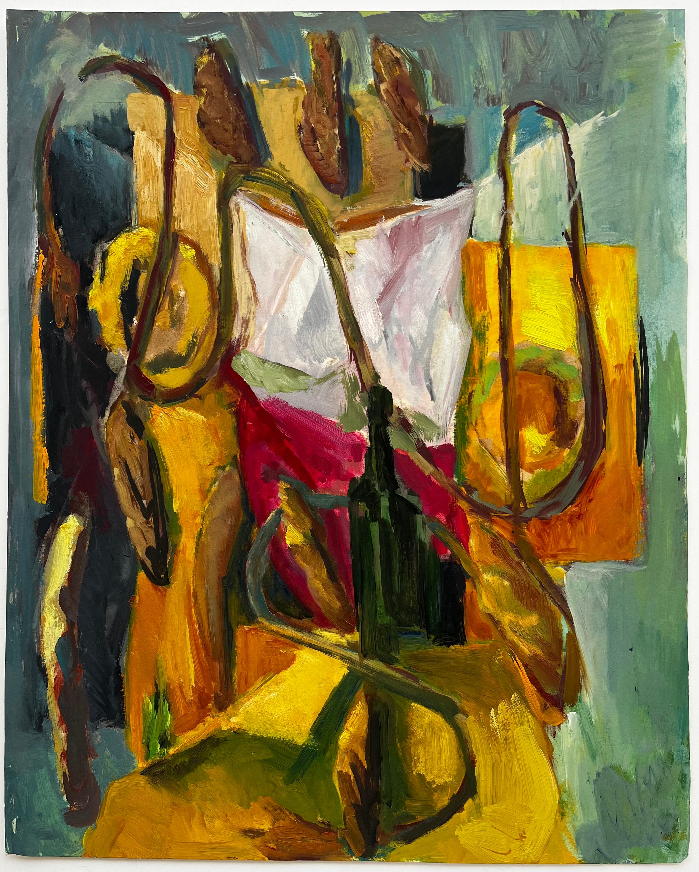 Bouteille Verte Looping Corde Tissus drapés et Jaune Rouge Formes Modernistes Françaises - Painting de Guy Nicod