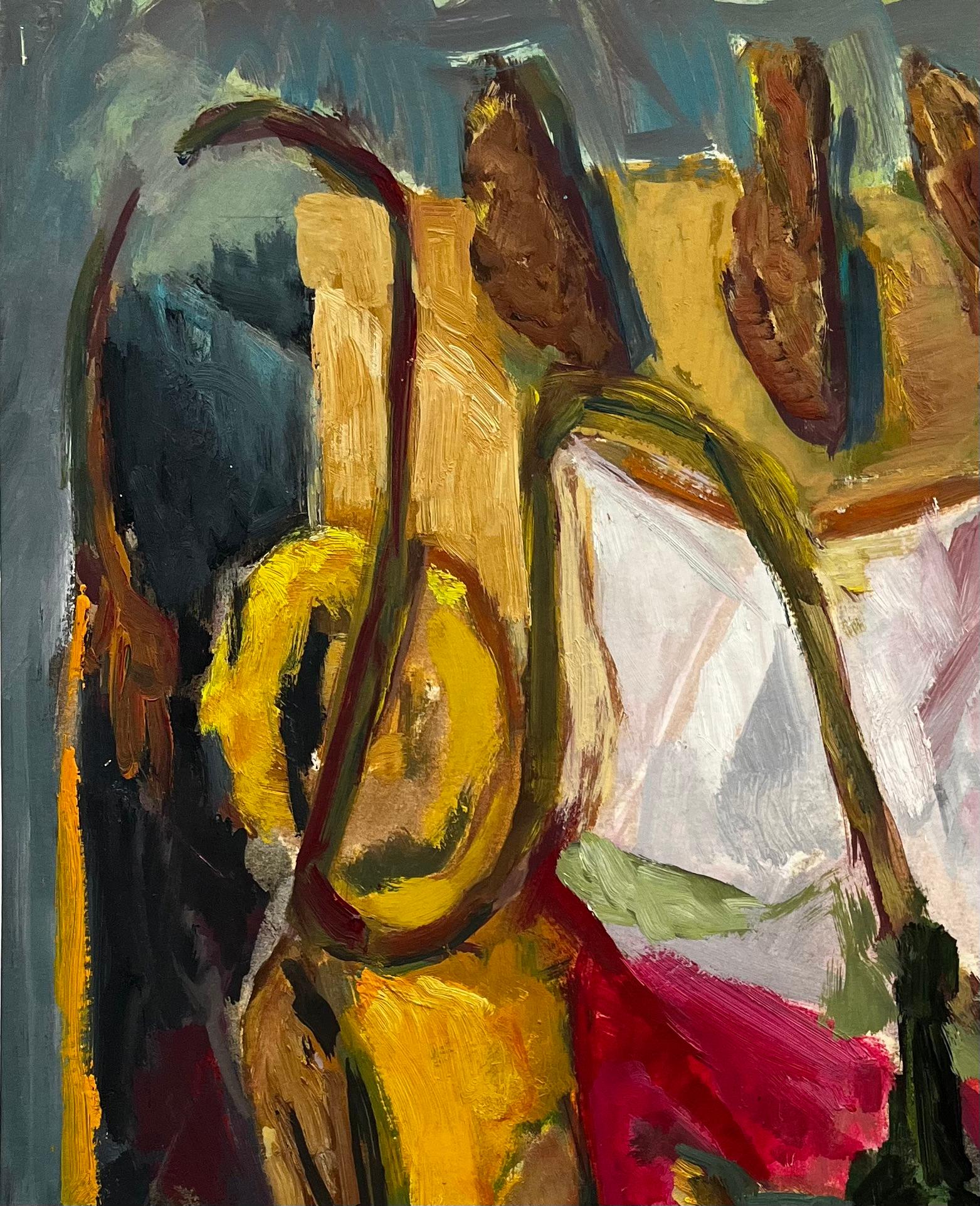 Bouteille Verte Looping Corde Tissus drapés et Jaune Rouge Formes Modernistes Françaises - Moderne Painting par Guy Nicod