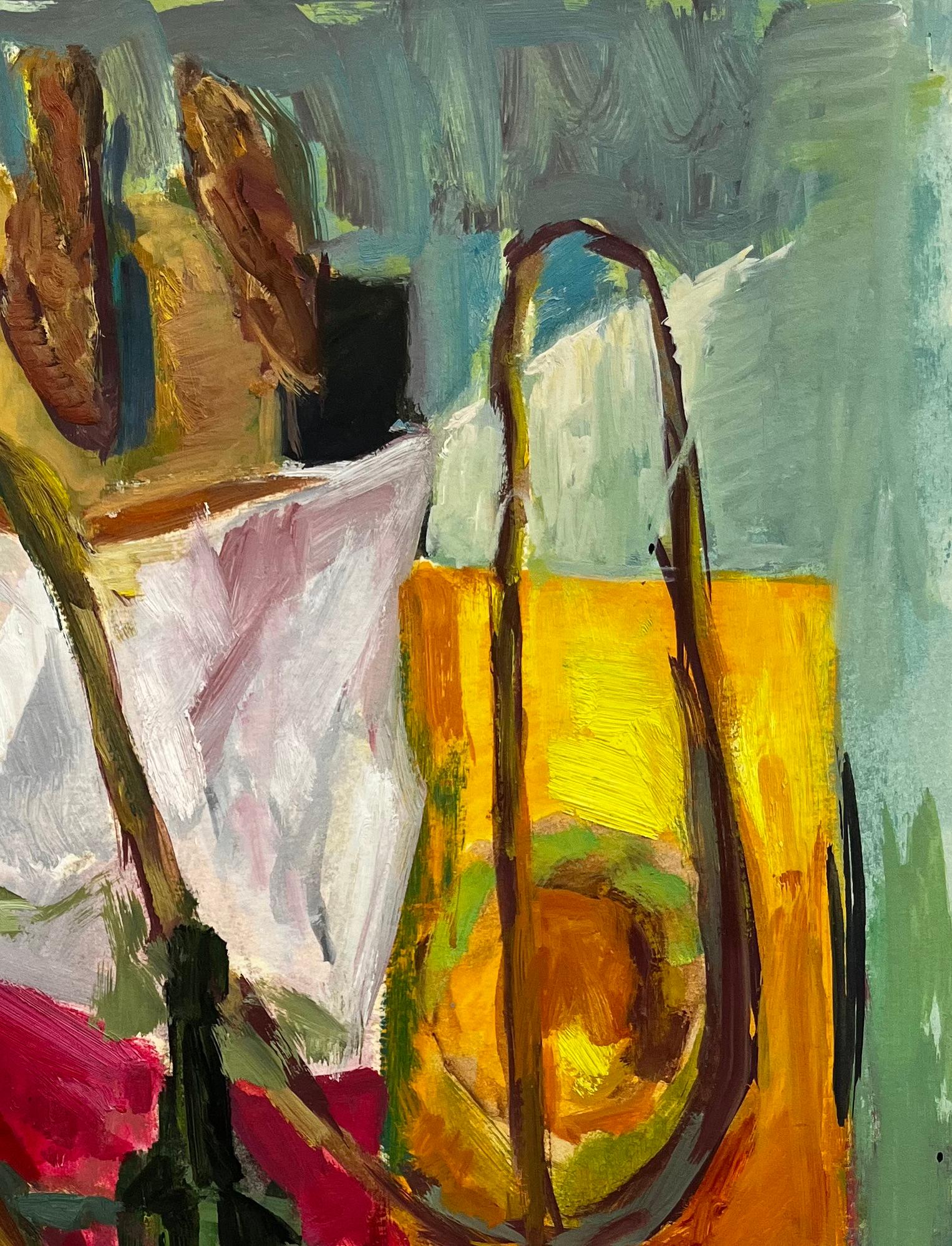 Bouteille Verte Looping Corde Tissus drapés et Jaune Rouge Formes Modernistes Françaises - Marron Still-Life Painting par Guy Nicod