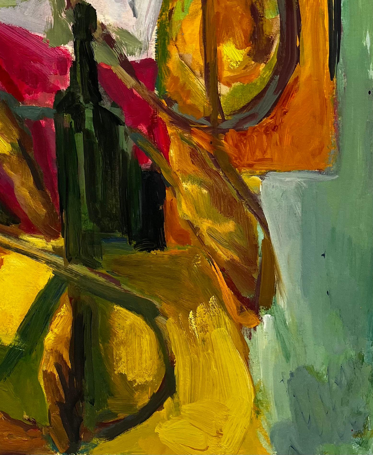 Titre : Bouteille verte Looping Corde drapée Tissus et Jaune Rouge Formes Moderniste Français
Guy Nicod (français 1923 - 2021) 
Gouache sur papier d'artiste, non encadrée
Taille : 19.75 x 15.75 pouces (hauteur x largeur)
Provenance : Succession