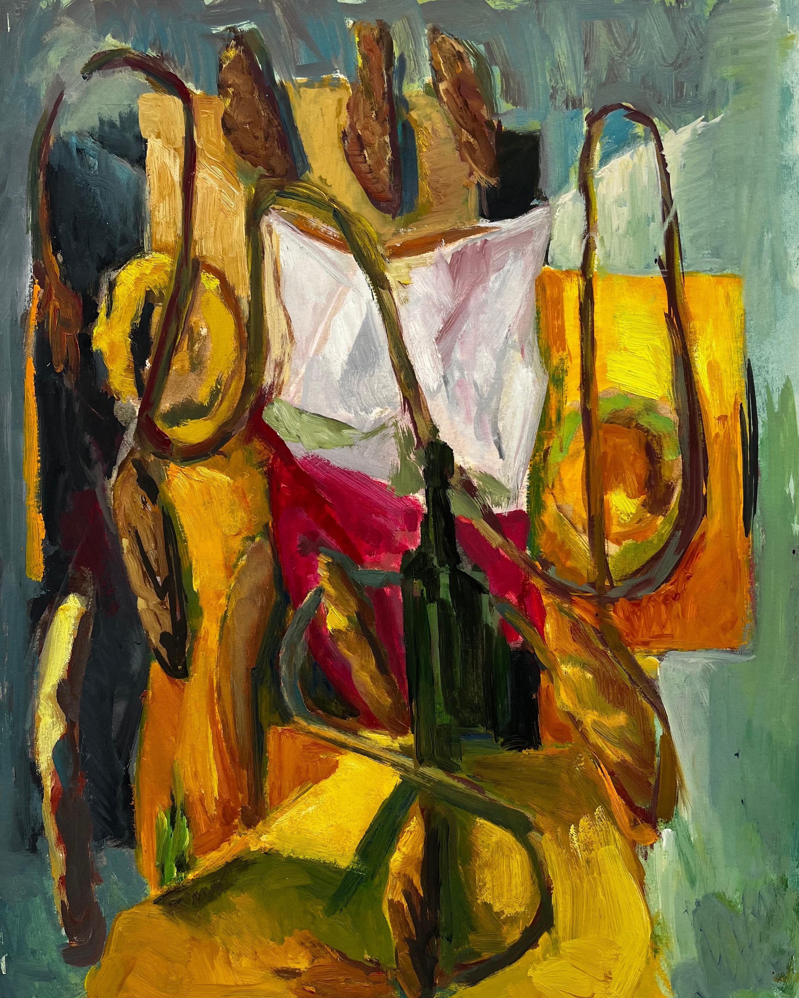 Bouteille Verte Looping Corde Tissus drapés et Jaune Rouge Formes Modernistes Françaises