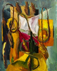 Green Bottle Looping Rope Draped Fabrics and Yellow Red Forms French Modernist