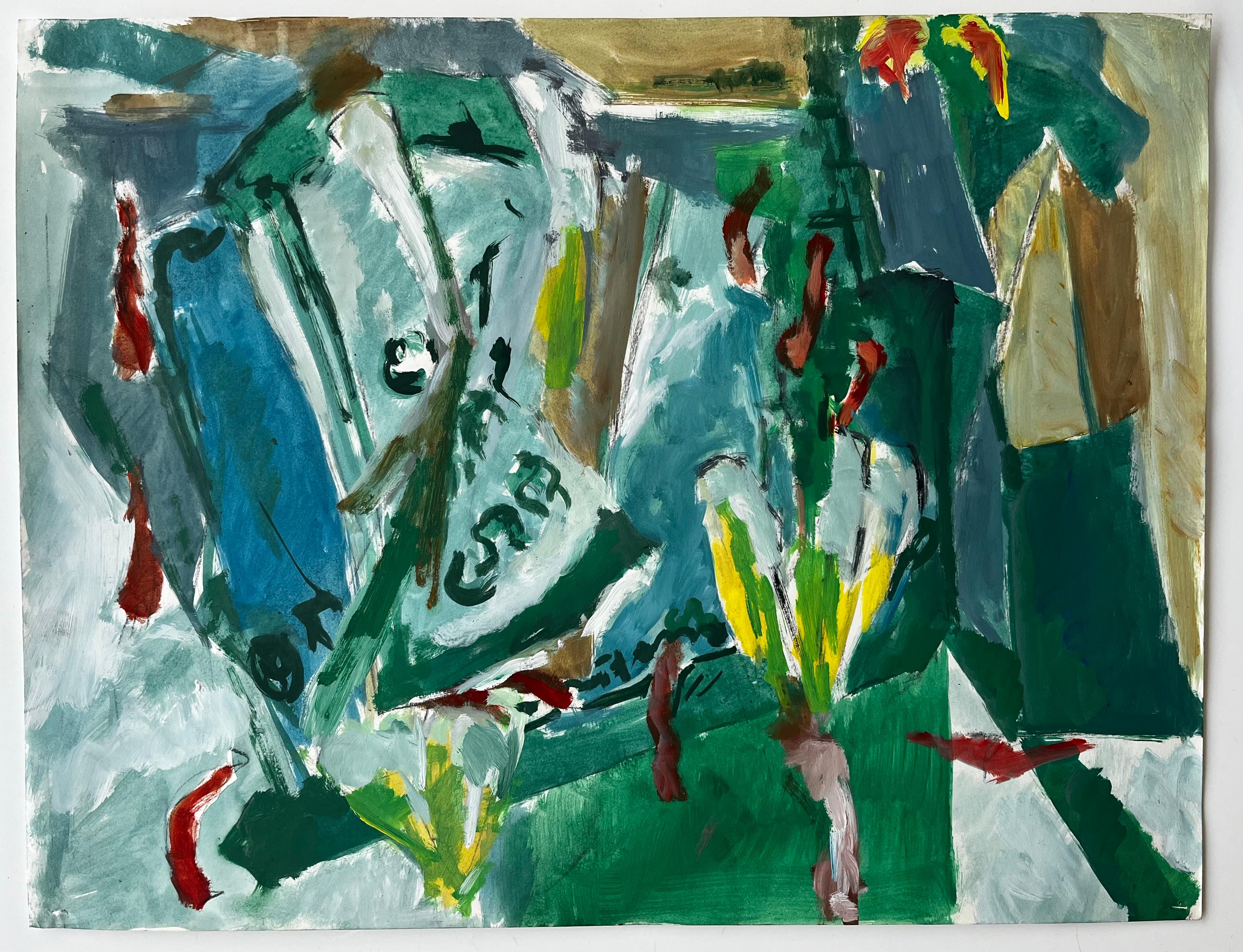 Papier journal de table vert et vases à fleurs Nature morte moderniste d'intérieur abstrait - Painting de Guy Nicod