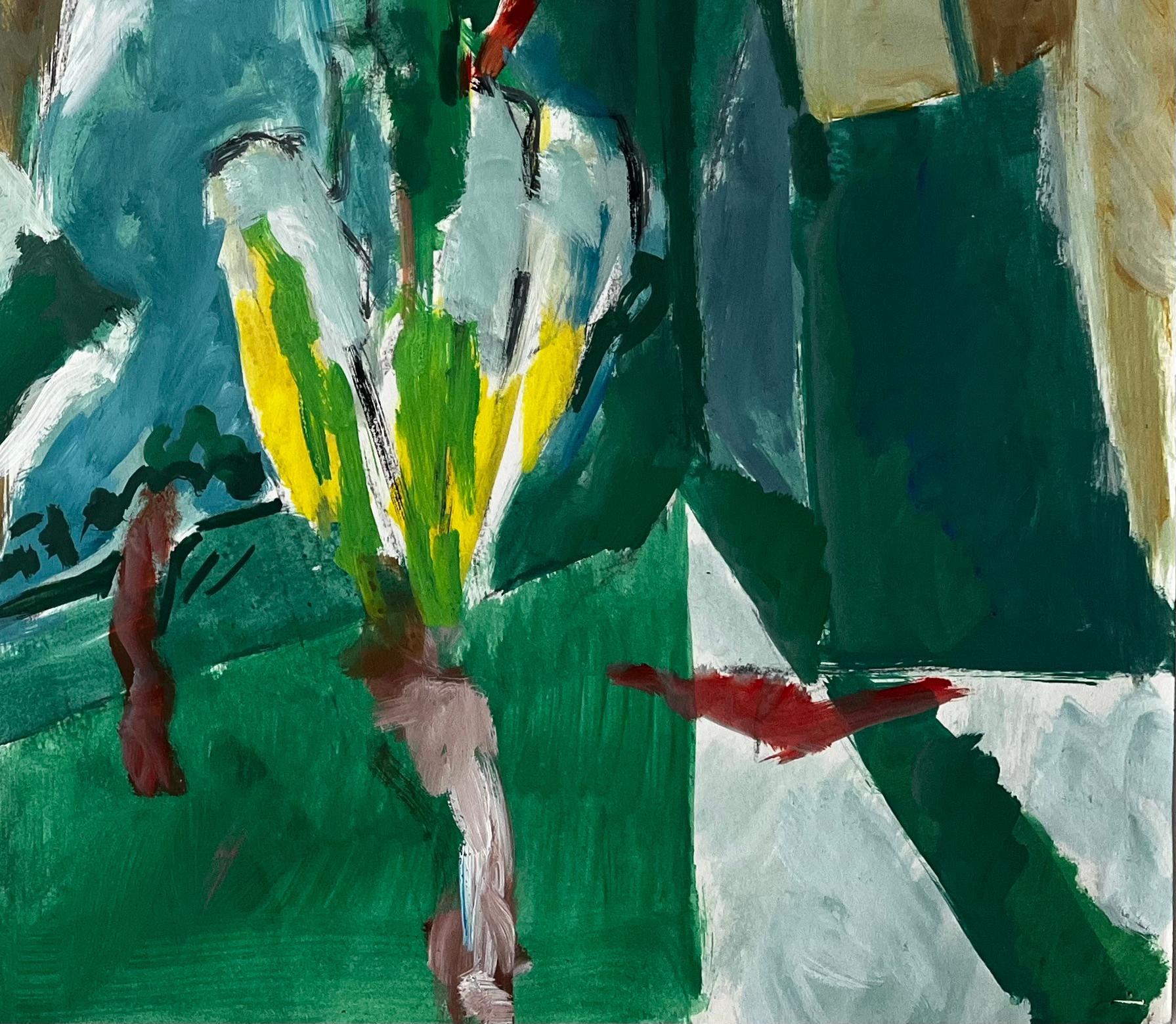 Papier journal de table vert et vases à fleurs Nature morte moderniste d'intérieur abstrait - Moderne Painting par Guy Nicod