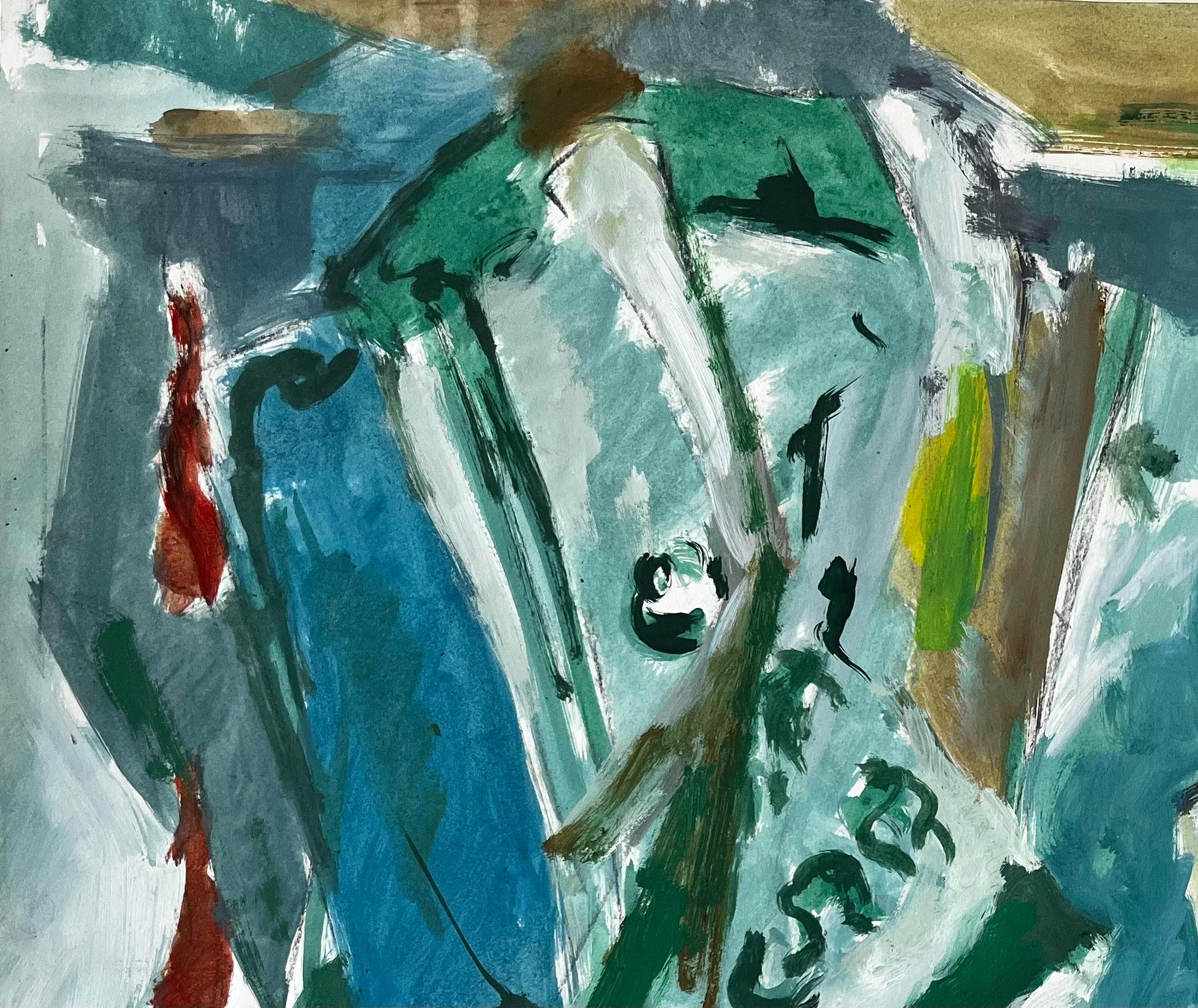 Titre : Nature morte moderniste d'intérieur abstraite : papier journal de table vert et vases à fleurs
Guy Nicod (français 1923 - 2021) 
Gouache sur papier d'artiste, non encadrée
Taille : 19.75 x 25.5 pouces (hauteur x largeur)
Provenance :