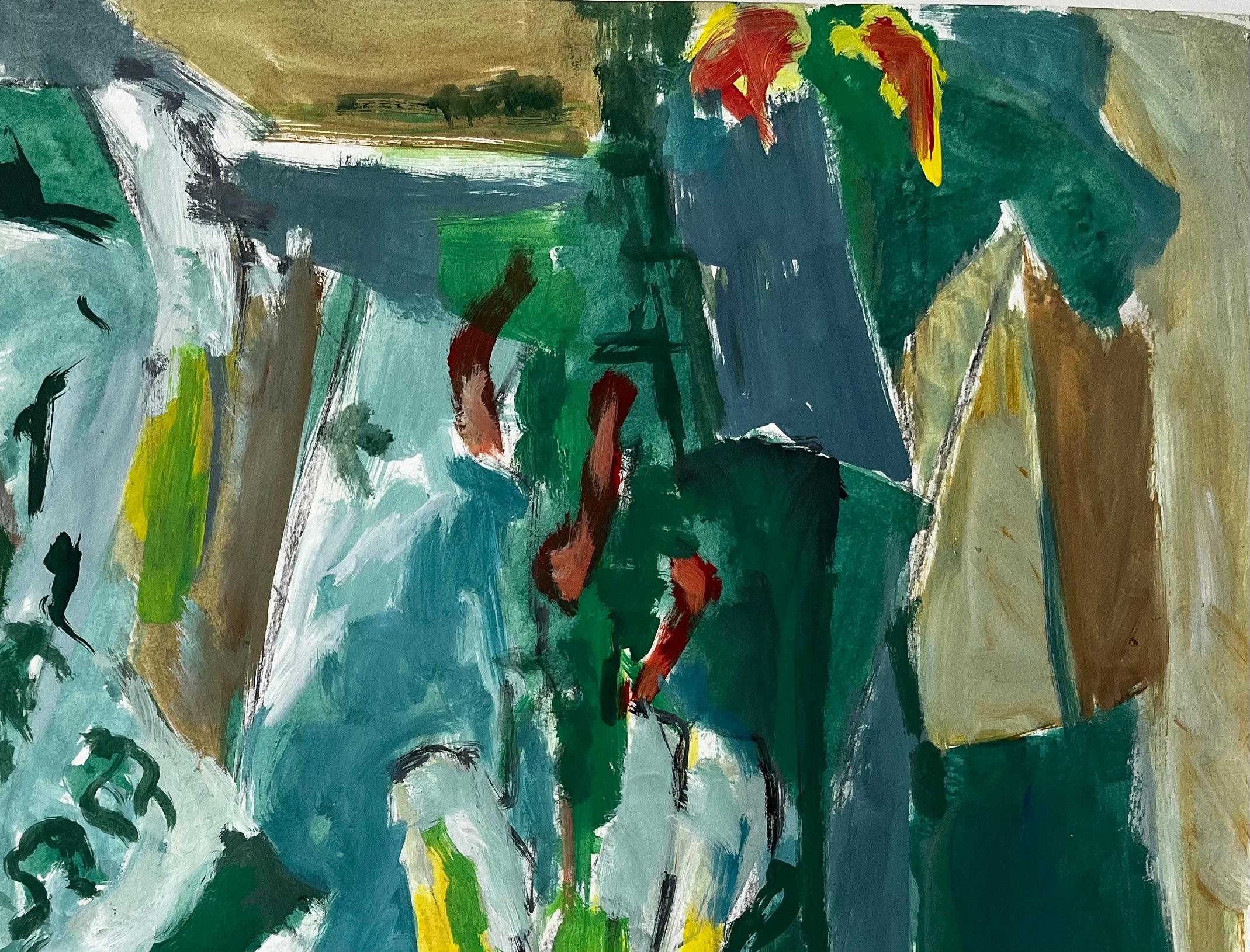 Papier journal de table vert et vases à fleurs Nature morte moderniste d'intérieur abstrait en vente 1