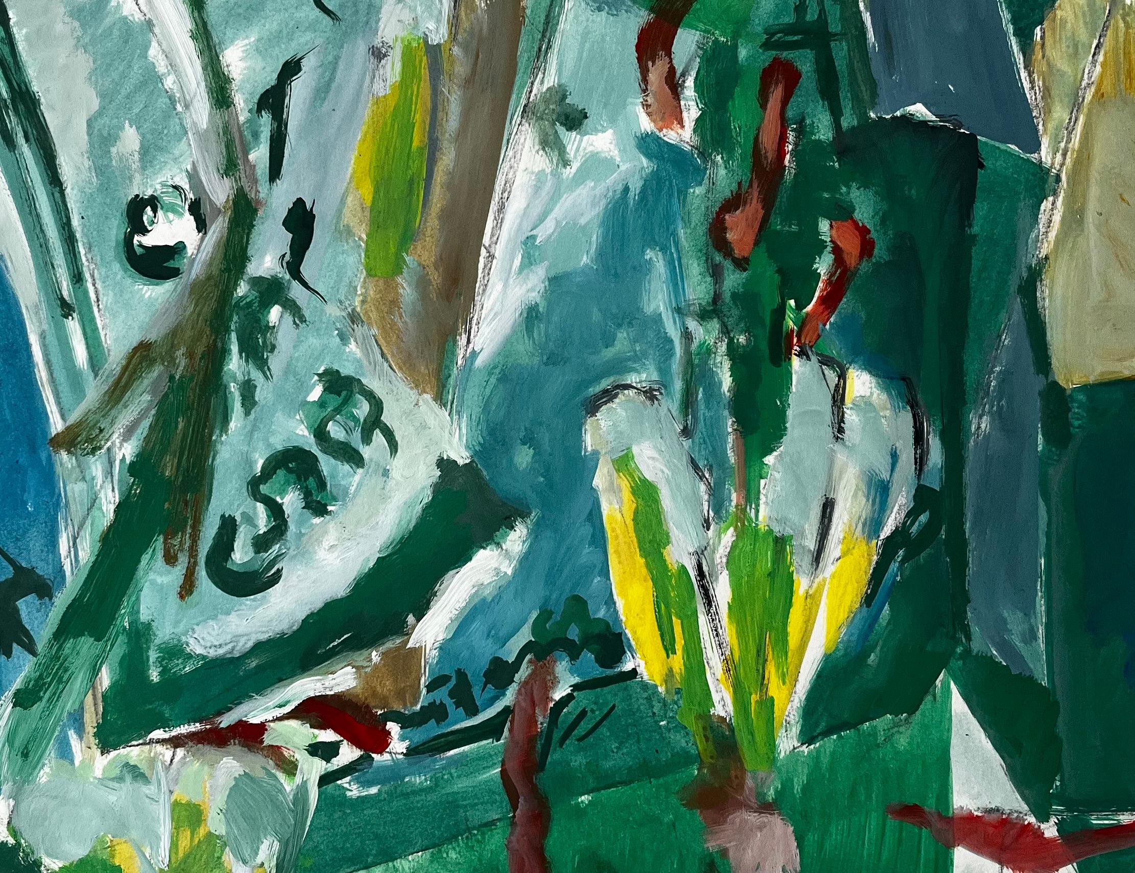 Papier journal de table vert et vases à fleurs Nature morte moderniste d'intérieur abstrait en vente 2