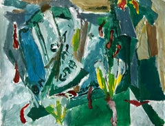 Green Table Newspaper and Flower Vases Abstract Interior Modernist Still Life