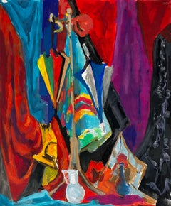 Hat Stand with Colourful Umbrellas Draped Fabrics and Jugs Modernist Still Life