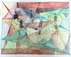 Horse Riders In Geometric Abstract French 20th Century Painting