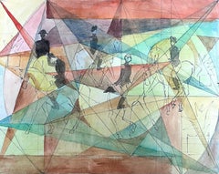 Retro Horse Riders In Geometric Abstract French 20th Century Painting