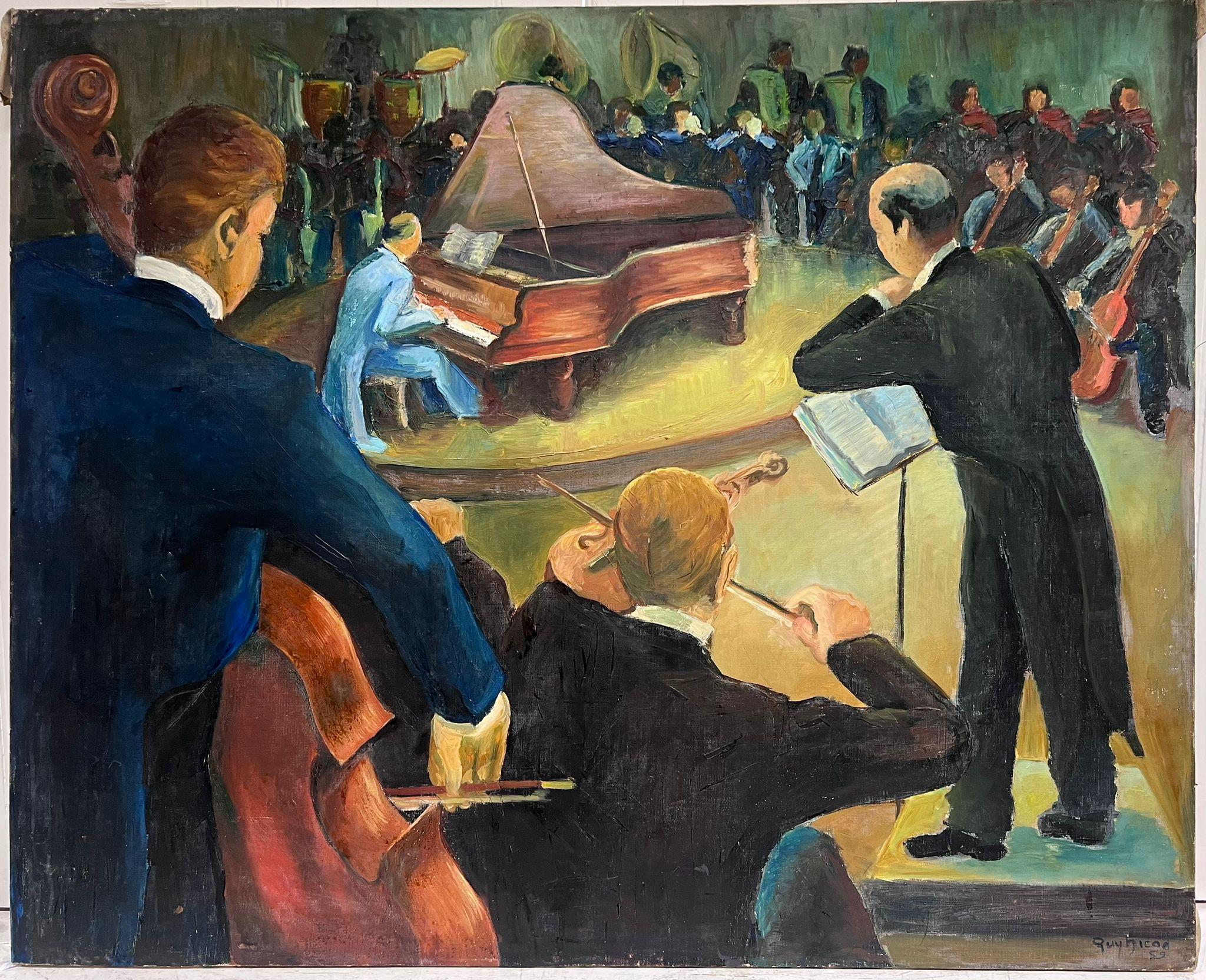 Grande huile française signée du 20e siècle Scène de concert d'orchestre de musique classique - Painting de Guy Nicod