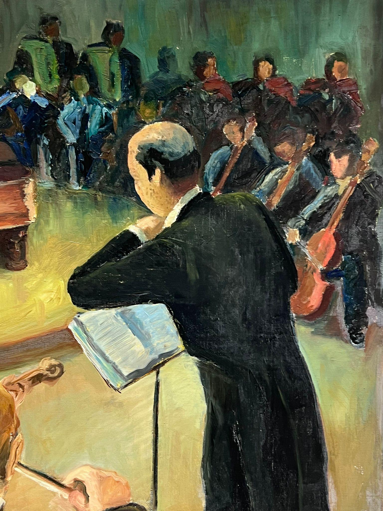 Grande huile française signée du 20e siècle Scène de concert d'orchestre de musique classique - Noir Figurative Painting par Guy Nicod
