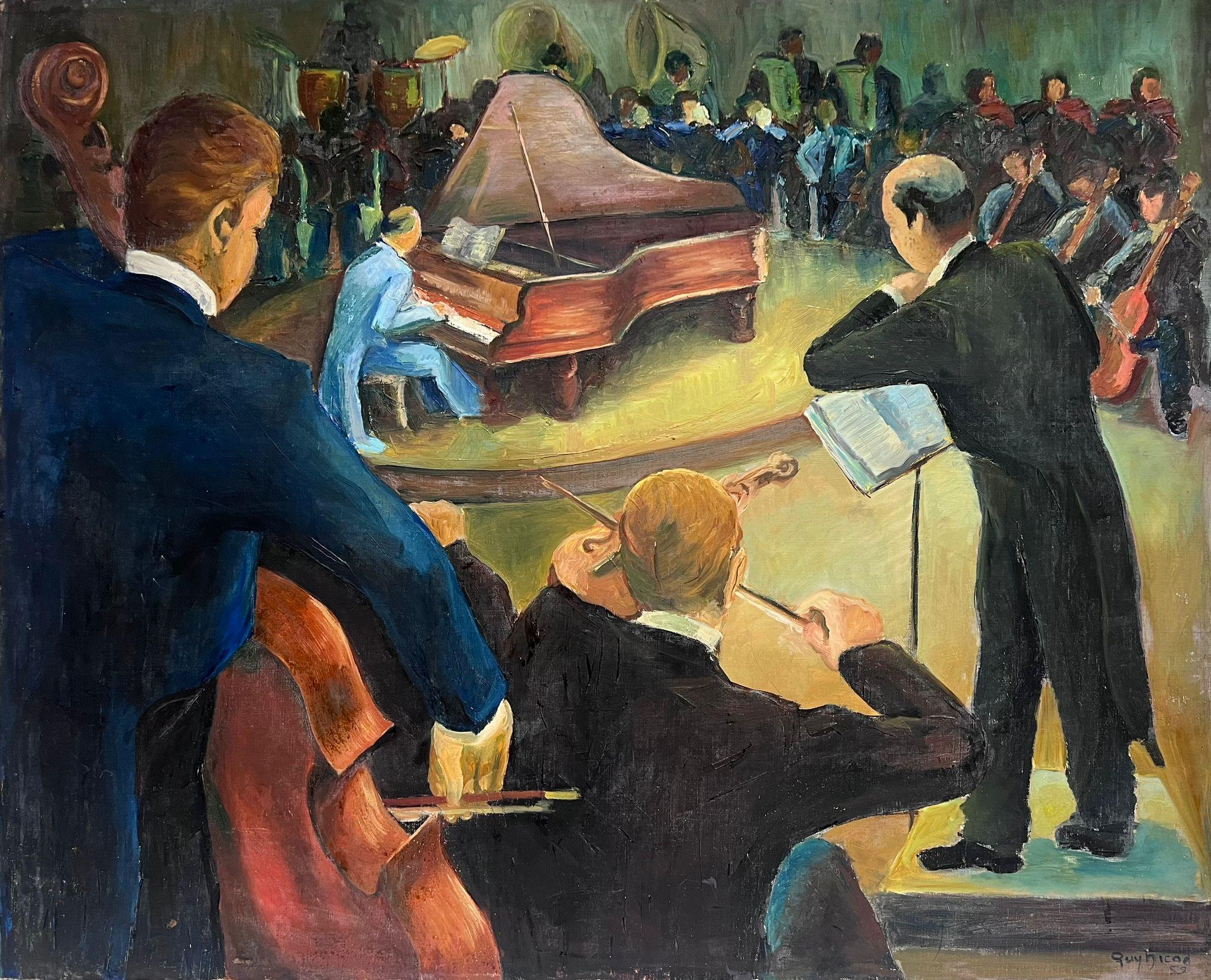 Große französische signierte Öl-Konzernszene eines klassischen Musikorchesters aus dem 20. Jahrhundert