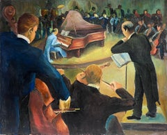Huge 20th Century French Signed Oil Classical Music Orchestra Concert Scene