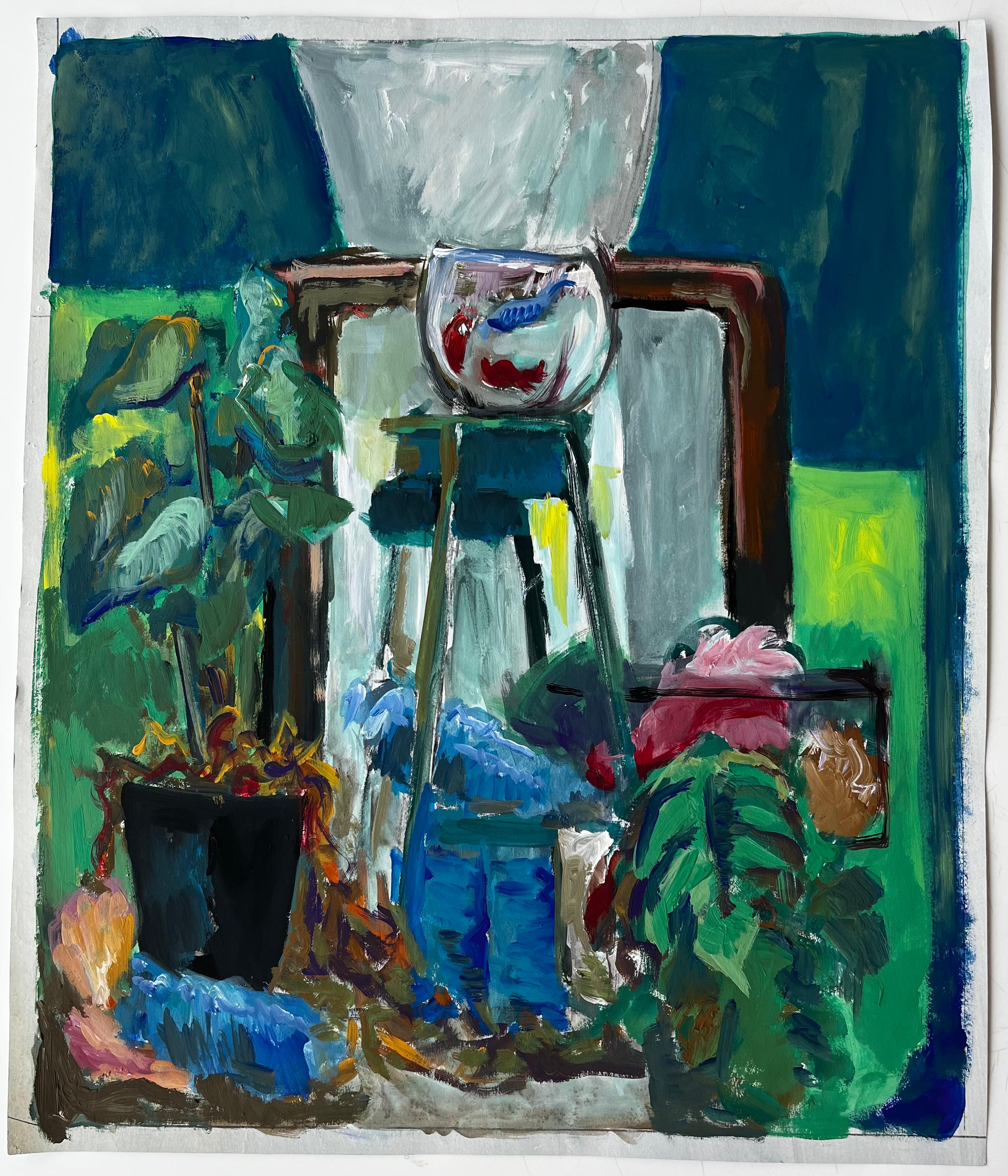 Nature morte d'intérieur avec bocal à poisson et plantes d'intérieur Gouache moderniste française - Painting de Guy Nicod