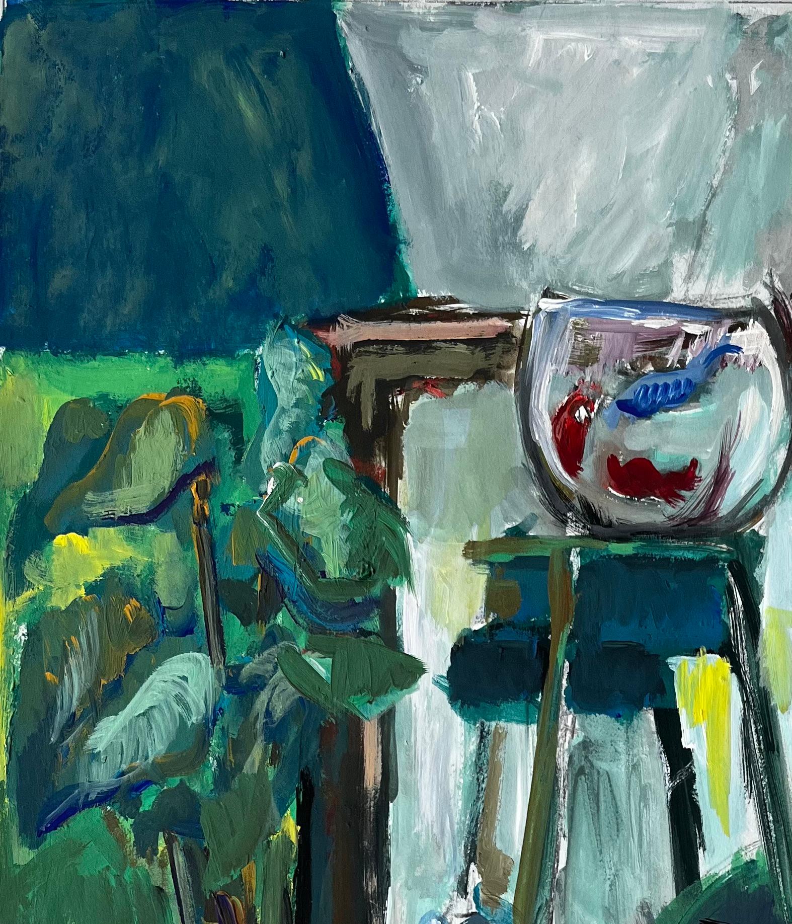 Nature morte d'intérieur avec bocal à poisson et plantes d'intérieur Gouache moderniste française - Moderne Painting par Guy Nicod