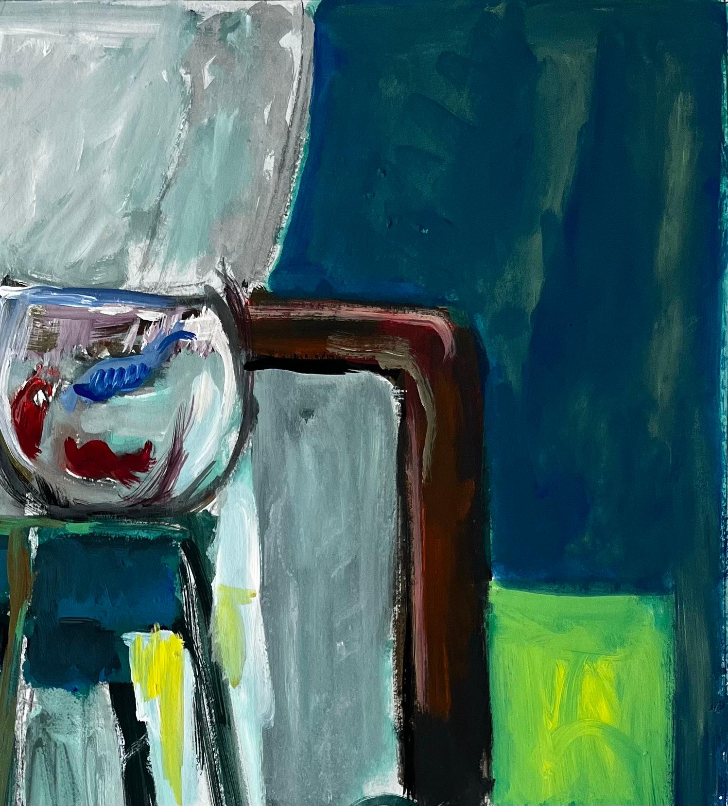 Nature morte d'intérieur avec bocal à poisson et plantes d'intérieur Gouache moderniste française - Bleu Abstract Painting par Guy Nicod