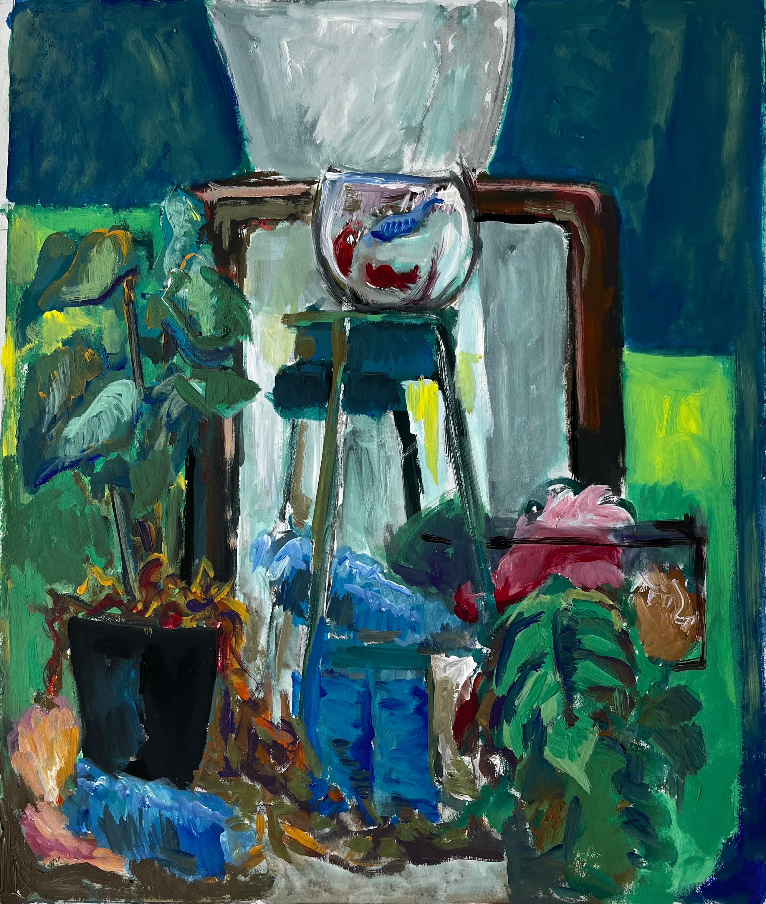 Interior Still Life with Fish Bowl and Houseplants French Modernist Gouache