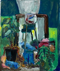 Interior Still Life with Fish Bowl and Houseplants French Modernist Gouache