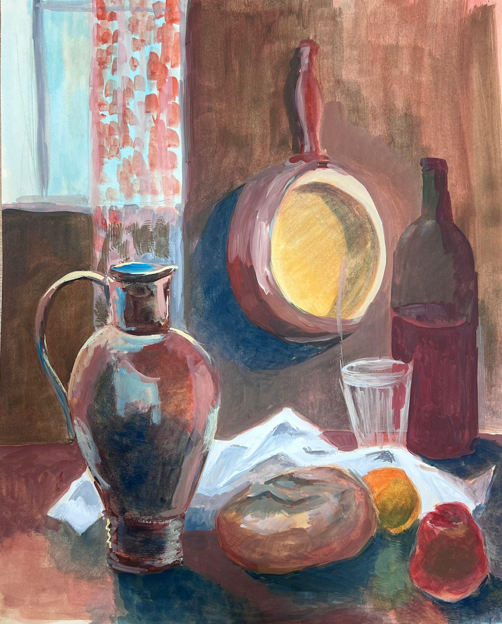 Guy Nicod Interior Painting – Jugs and Pan Küchentisch Französisch Stillleben Modernistisches Gemälde