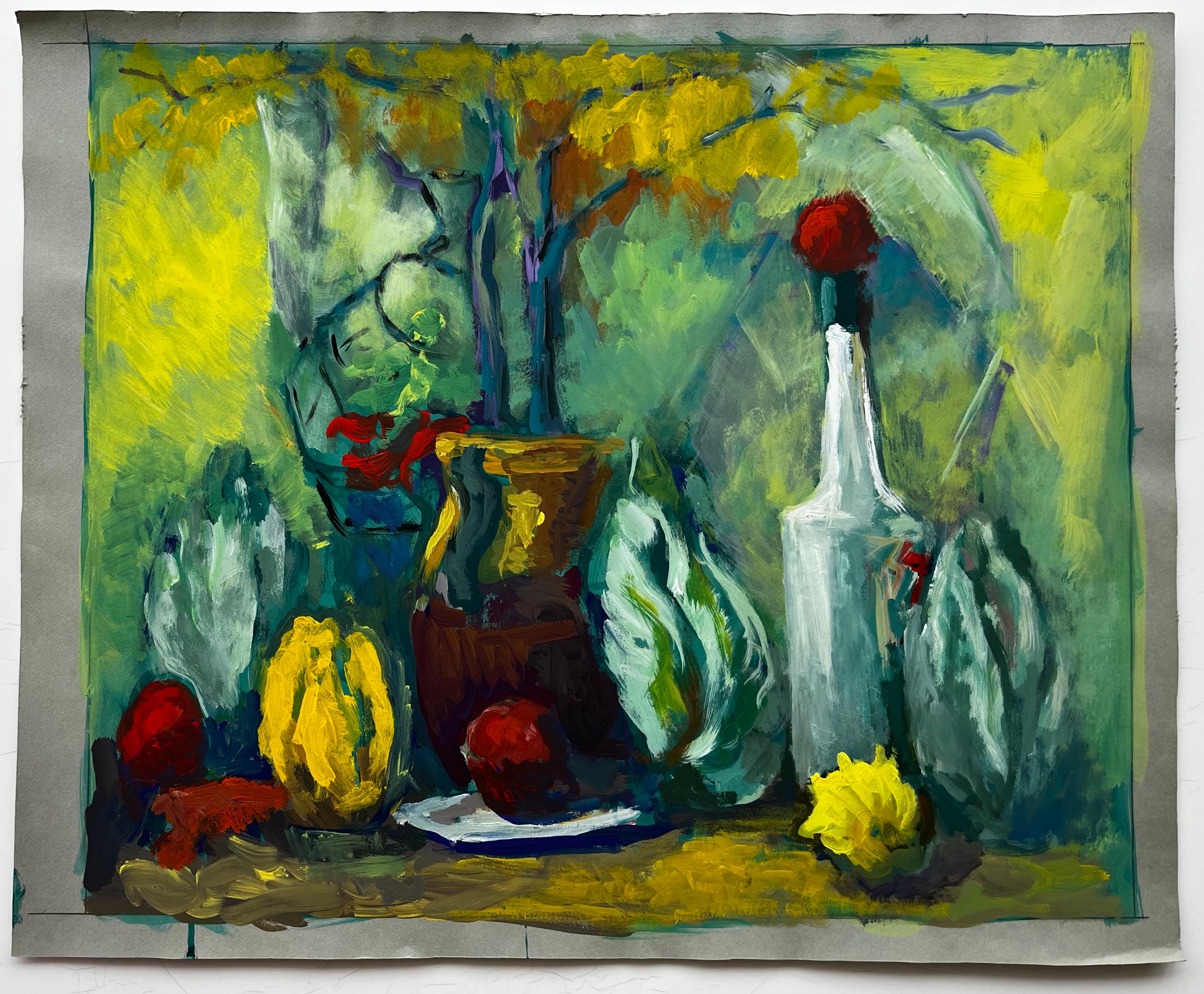 Nature morte moderniste française luxuriante avec bouteilles de citron et feuilles de chou - Painting de Guy Nicod