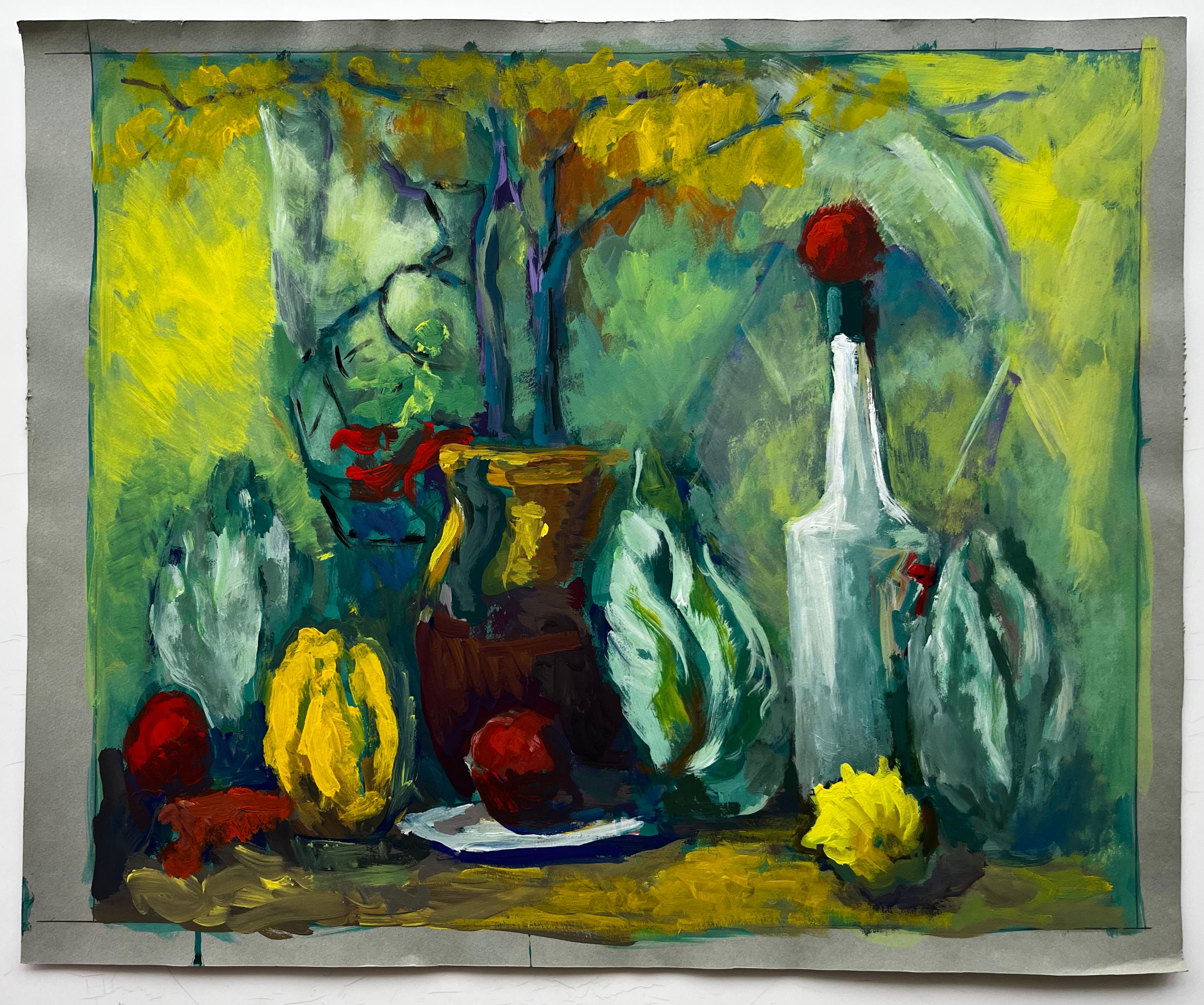 Nature morte moderniste française luxuriante avec bouteilles de citron et feuilles de chou - Moderne Painting par Guy Nicod
