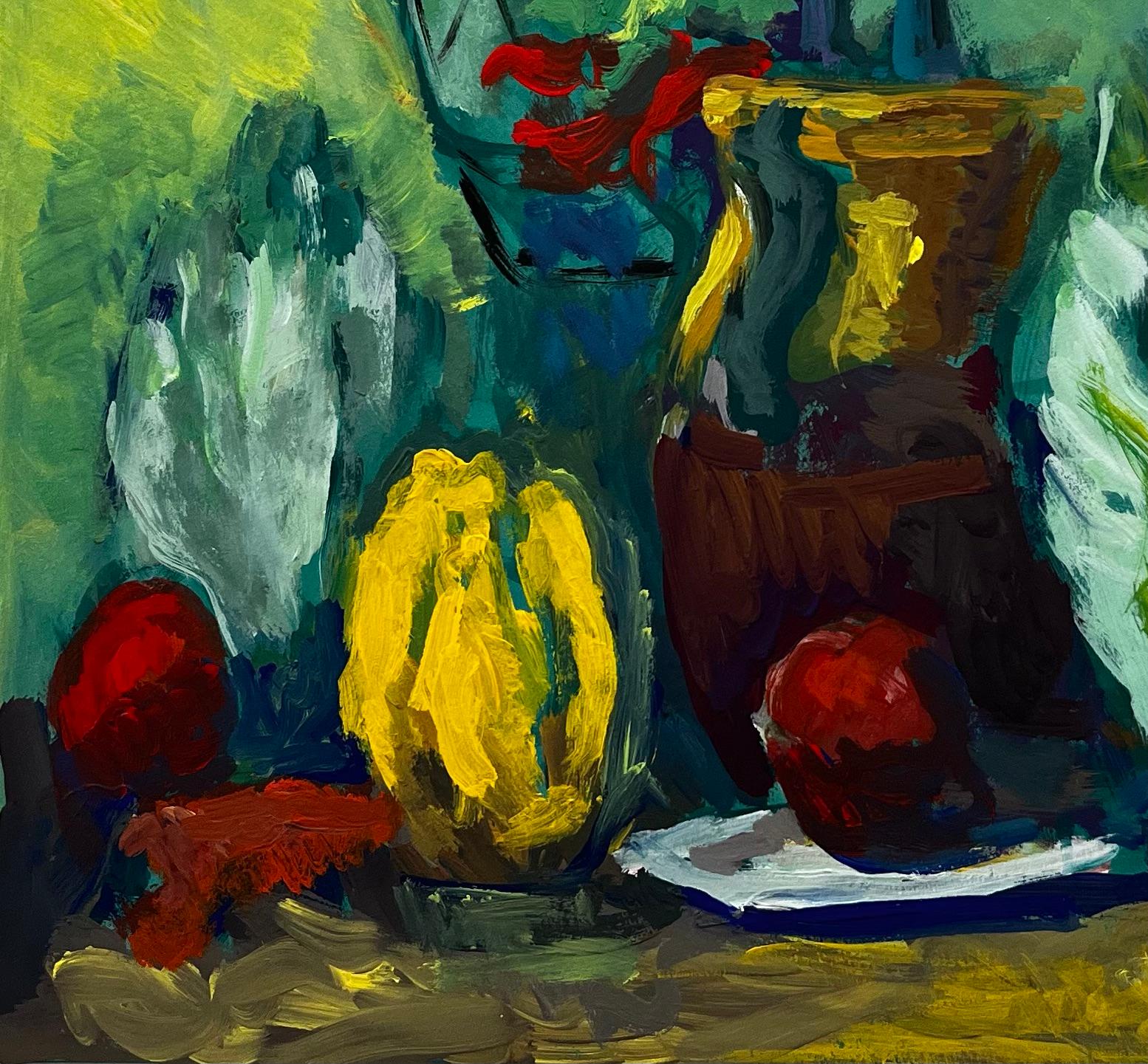 Nature morte moderniste française luxuriante avec bouteilles de citron et feuilles de chou - Noir Still-Life Painting par Guy Nicod