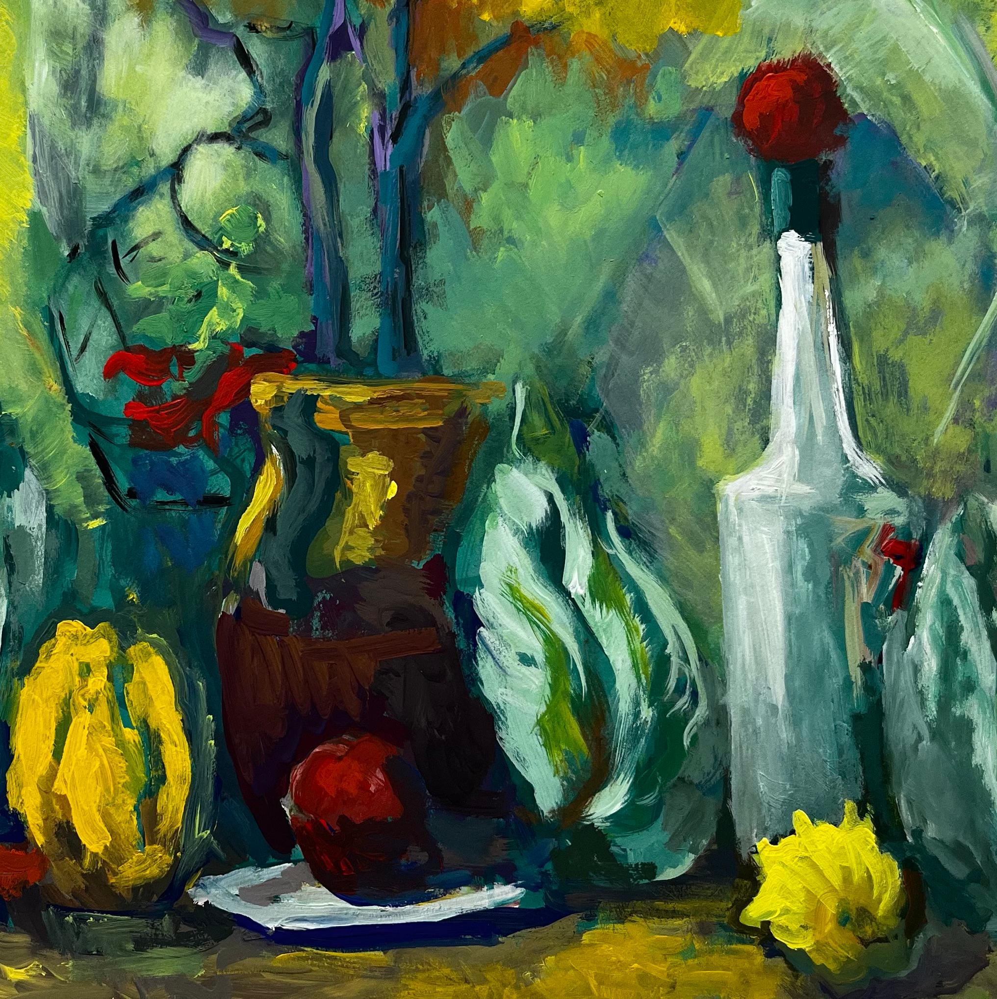 Nature morte moderniste française luxuriante avec bouteilles de citron et feuilles de chou en vente 3