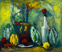 Lush French Modernist Still Life with Bottle Lemons Cabbage Leaves