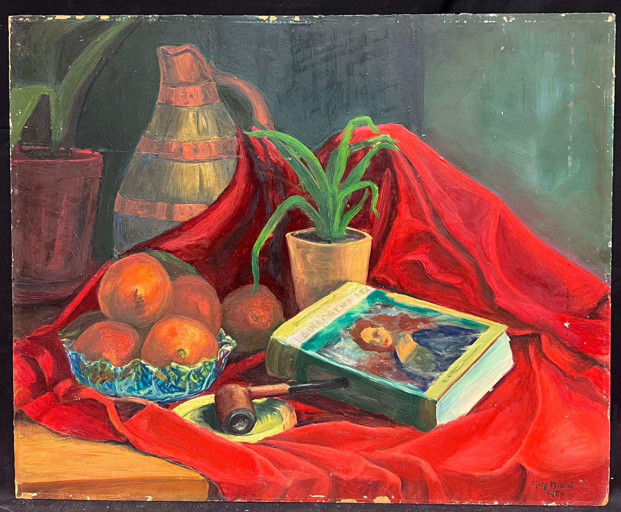 French mid 20th Century 1950 Olio Post-Impressionista Colorato Natura Morta Interna - Painting di Guy Nicod