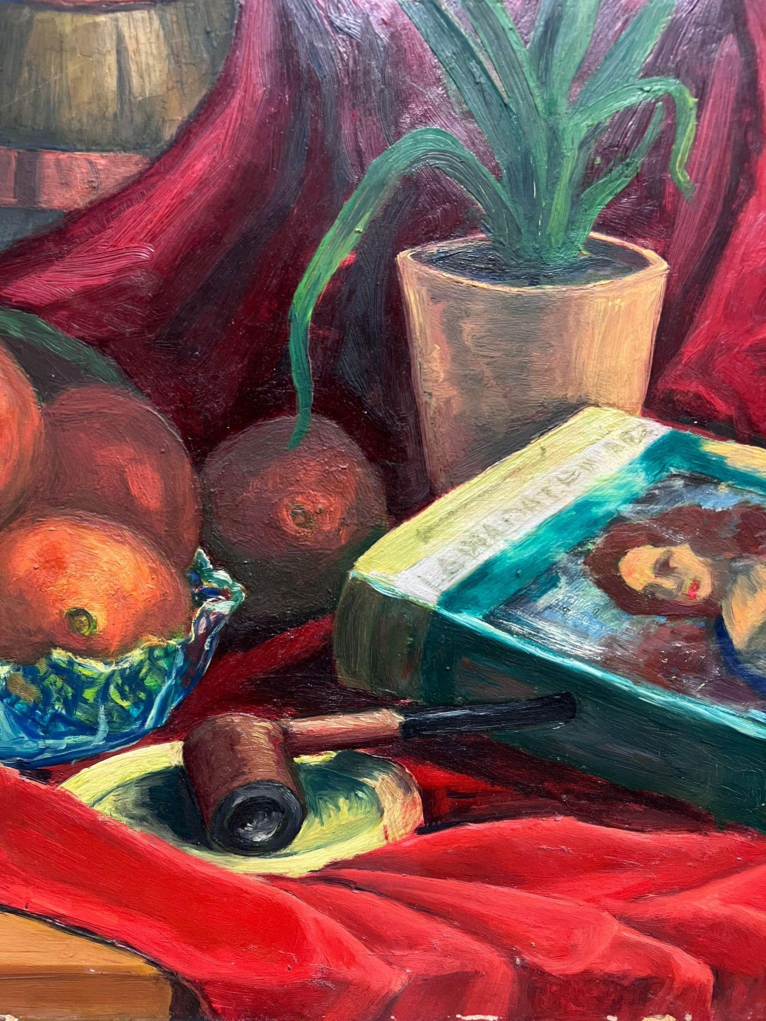 French mid 20th Century 1950 Olio Post-Impressionista Colorato Natura Morta Interna - Painting Postimpressionismo di Guy Nicod